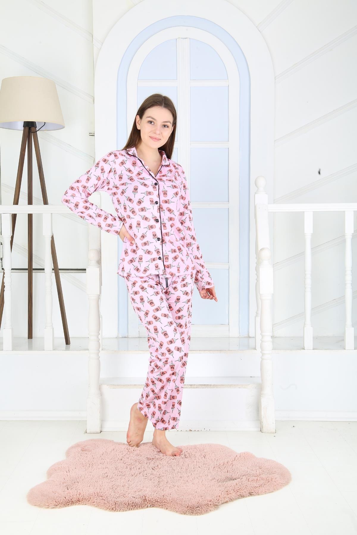 Kadın Düğmeli Uzun Kol Pamuklu Likralı Pijama Takım