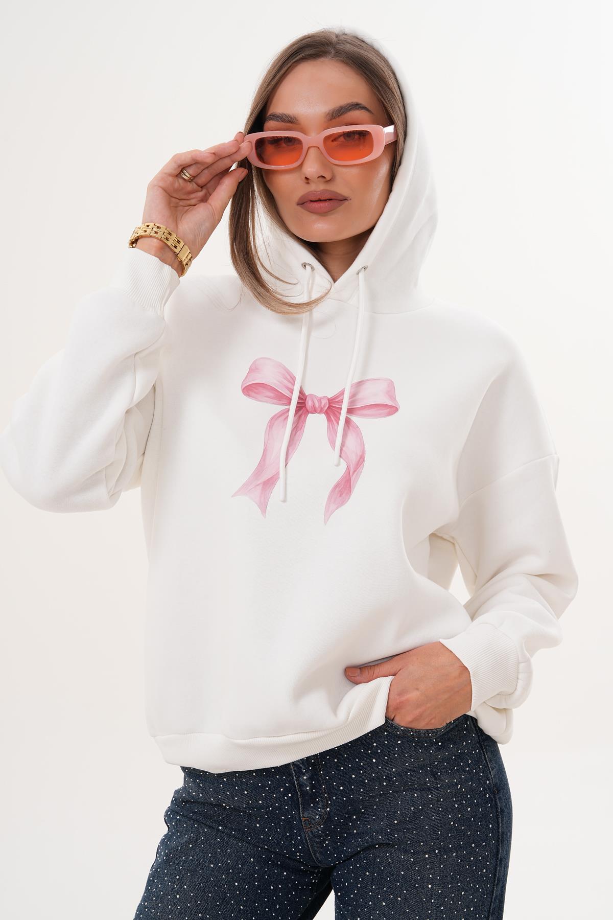 Kadın Fiyonk Baskılı Kapüşonlu Üç İplik Sweatshirt 255390 -