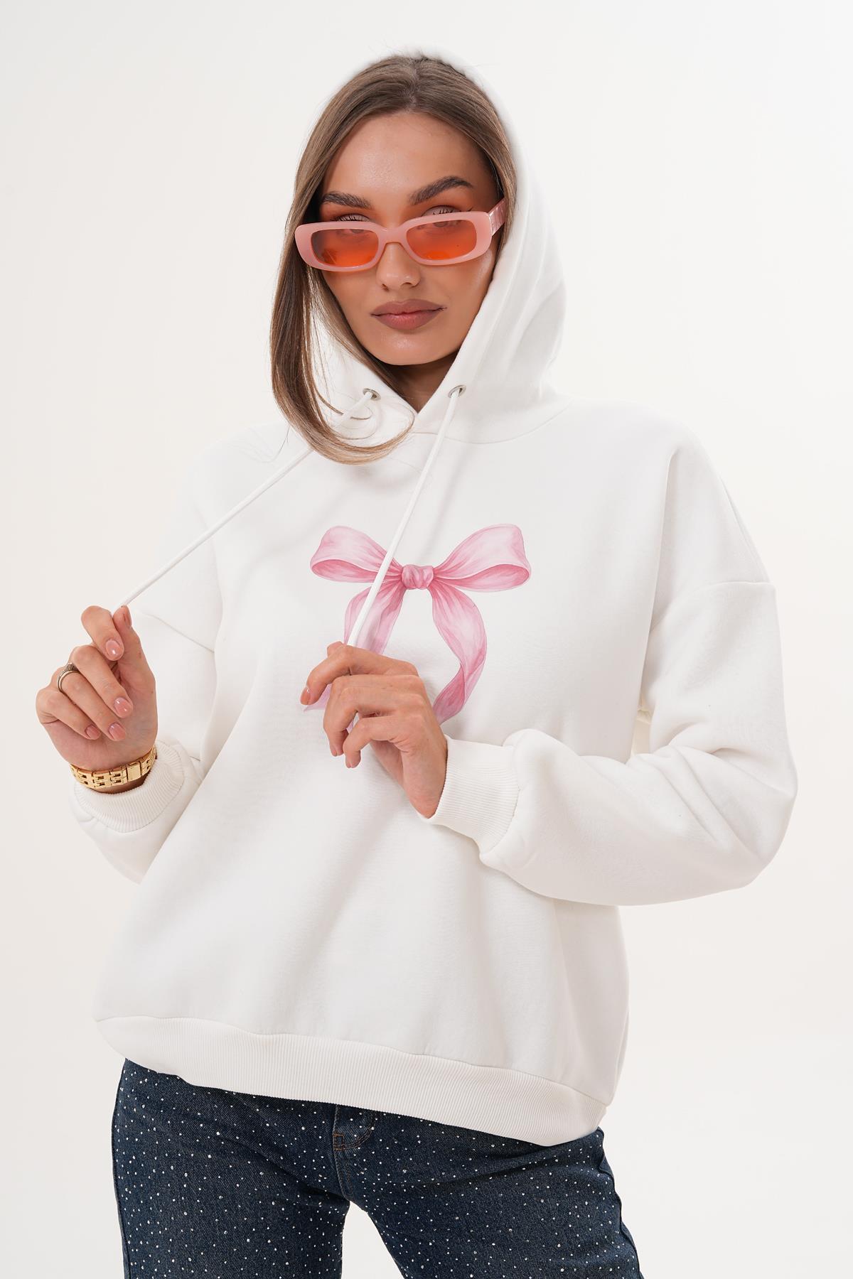 Kadın Fiyonk Baskılı Kapüşonlu Üç İplik Sweatshirt 255390 -