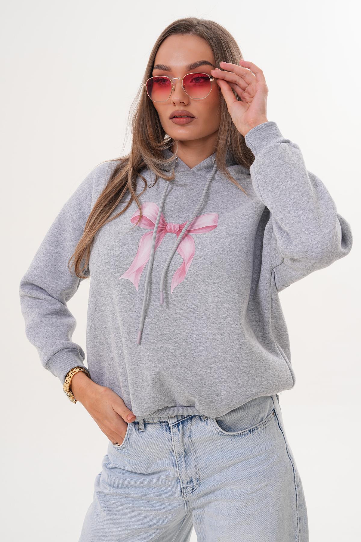 Kadın Fiyonk Baskılı Kapüşonlu Üç İplik Sweatshirt 255390 -