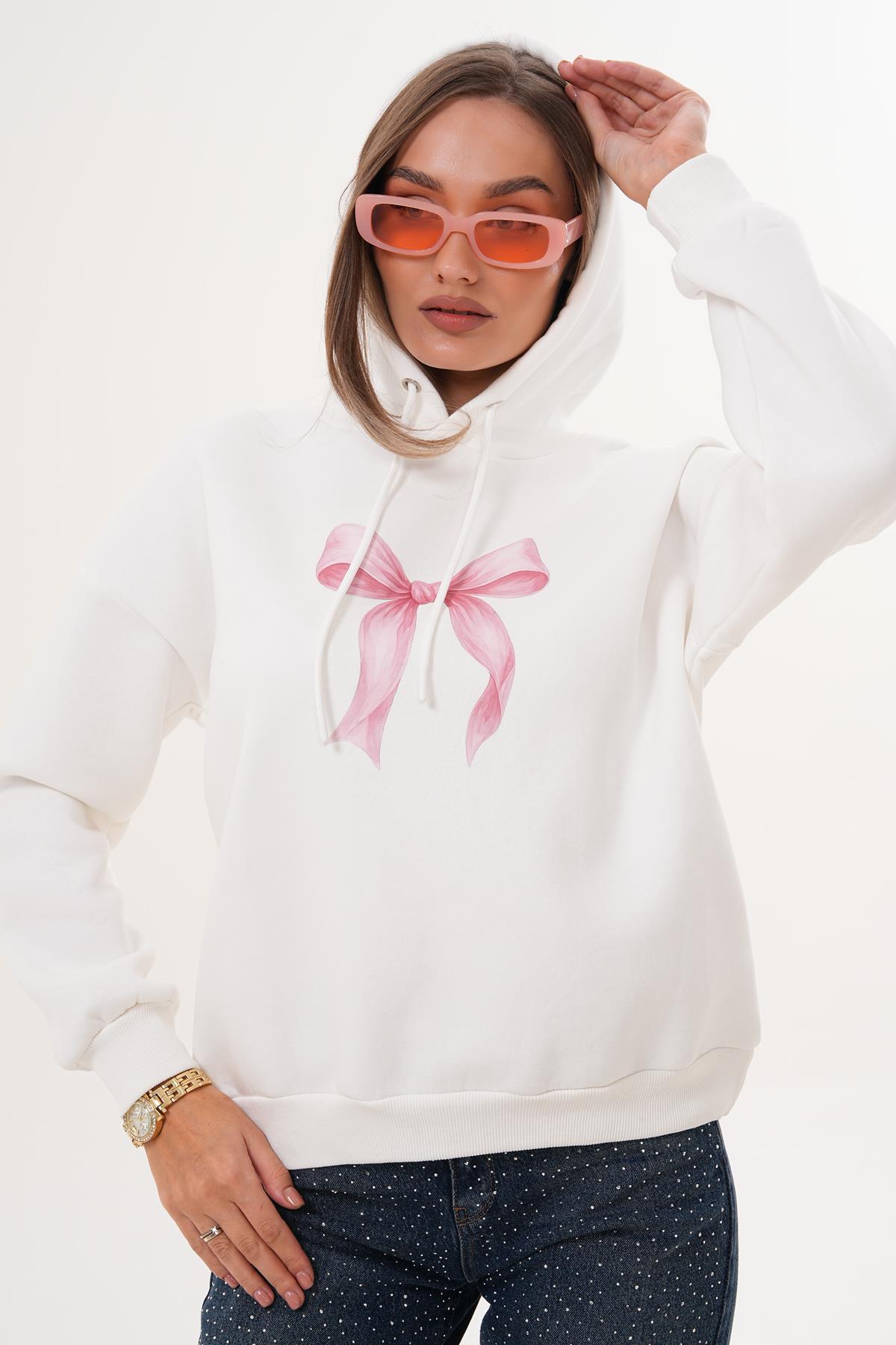 Kadın Fiyonk Baskılı Kapüşonlu Üç İplik Sweatshirt 255390 -