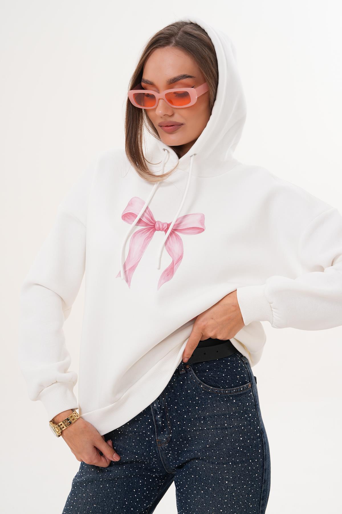 Kadın Fiyonk Baskılı Kapüşonlu Üç İplik Sweatshirt 255390 -