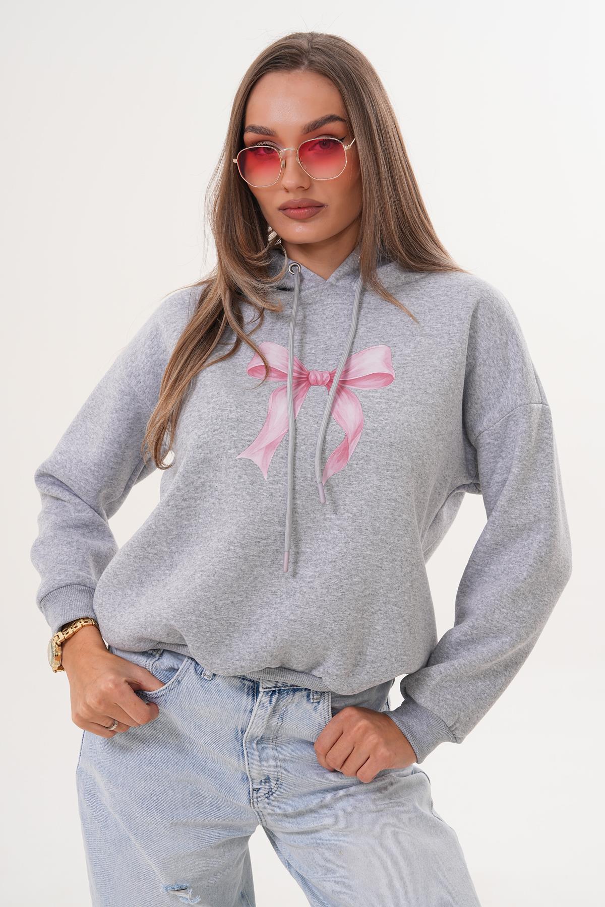 Kadın Fiyonk Baskılı Kapüşonlu Üç İplik Sweatshirt 255390 -