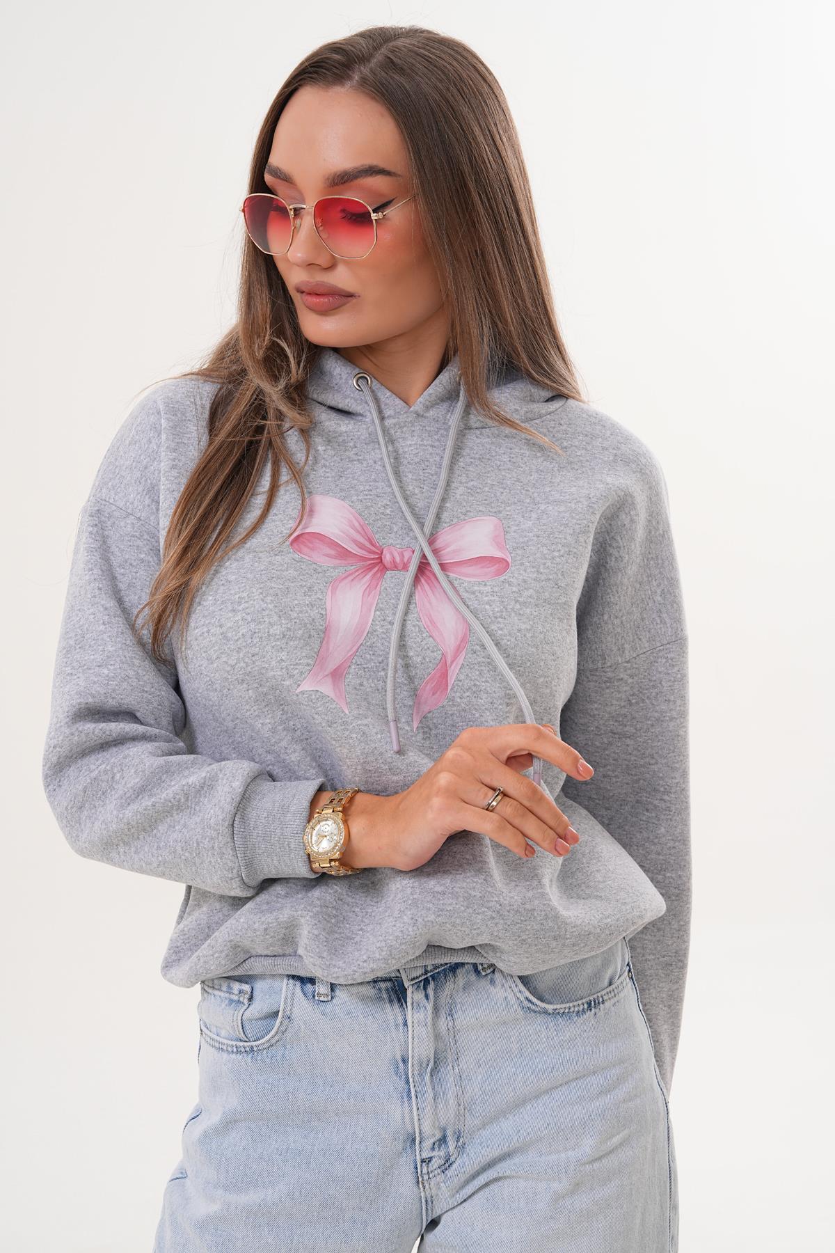 Kadın Fiyonk Baskılı Kapüşonlu Üç İplik Sweatshirt 255390 -