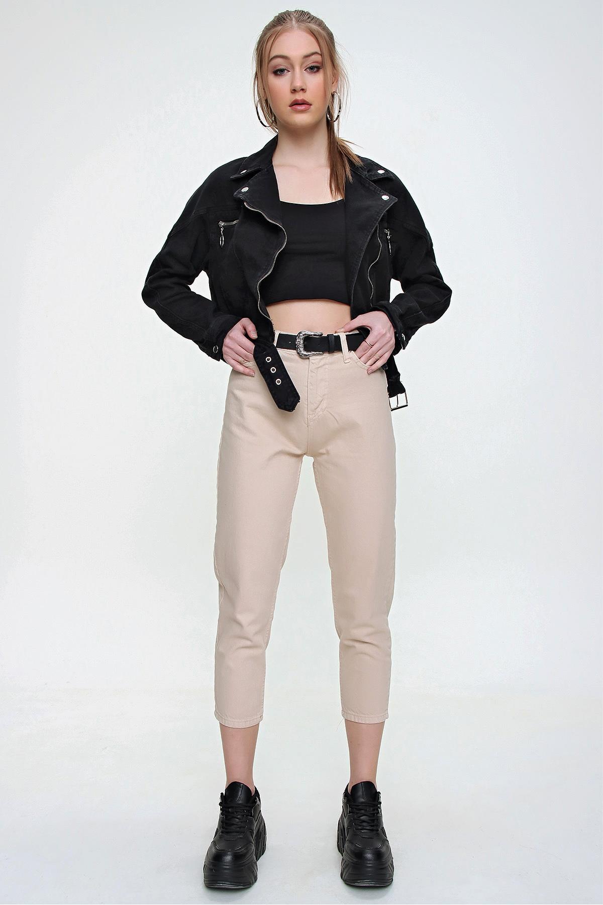 Kadın Gabardin Mom Jean Pantolon