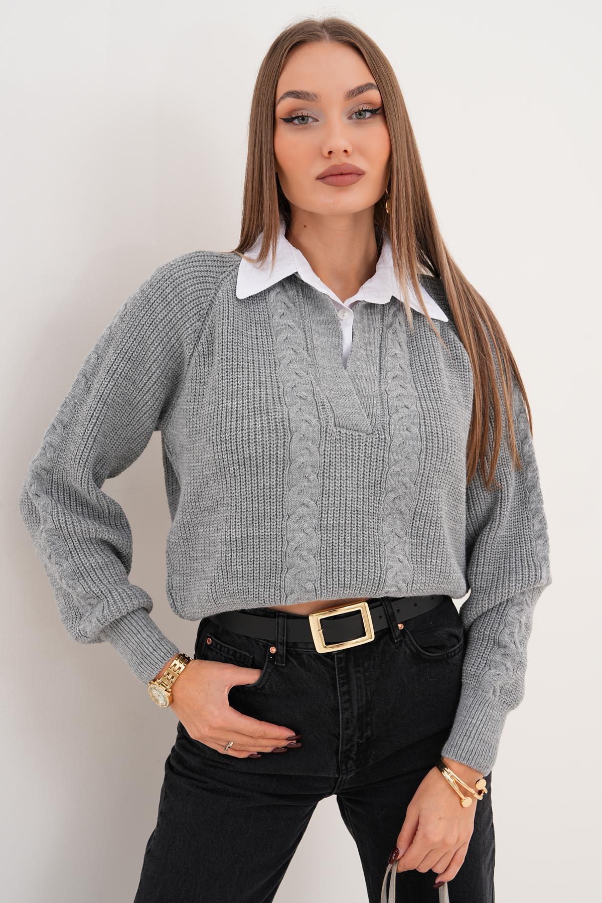 Kadın Gömlek Yaka Detaylı Selanik Örme Kazak 255153 -