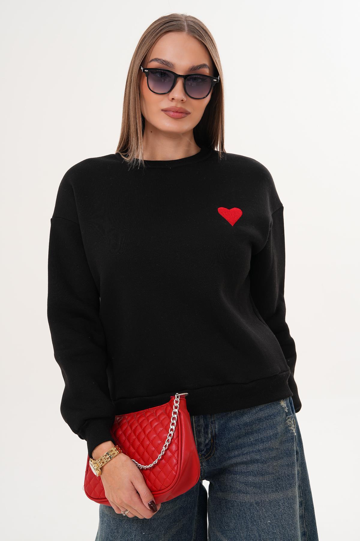 Kadın Kalp Nakışlı Üç İplik Sweatshirt 255008 -