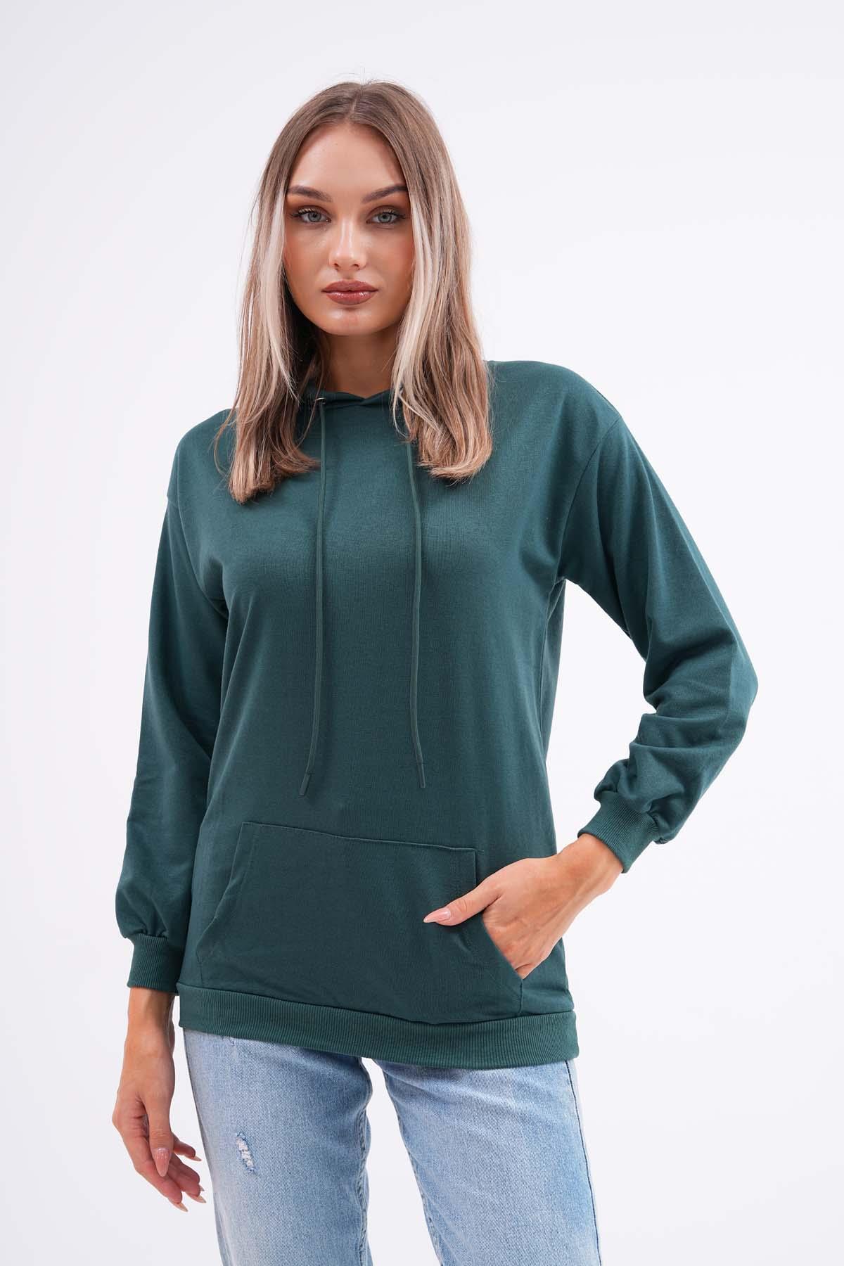 Kadın Kanguru Cepli Kapüşonlu İki İplik Sweatshirt 245099 -