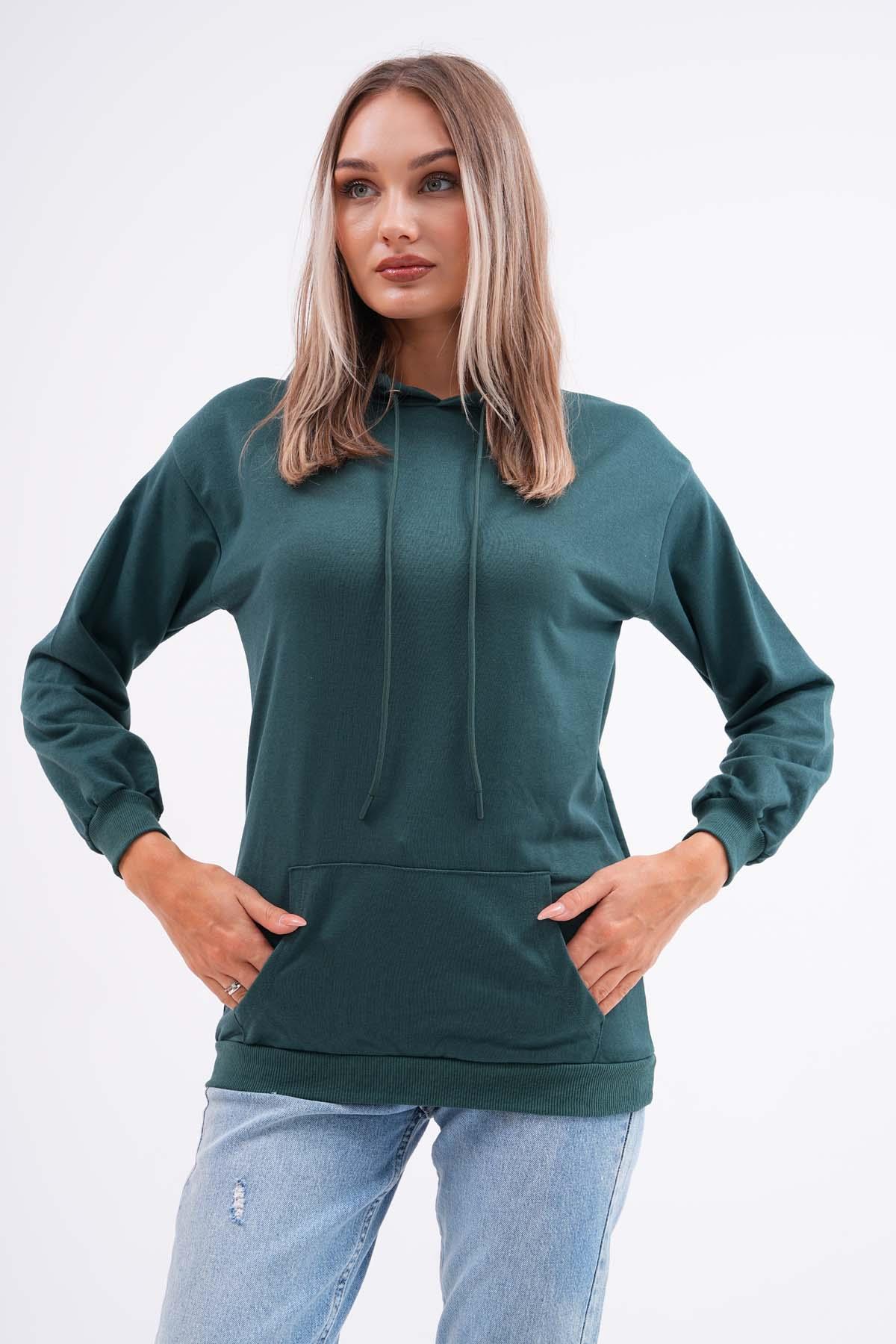 Kadın Kanguru Cepli Kapüşonlu İki İplik Sweatshirt 245099 -