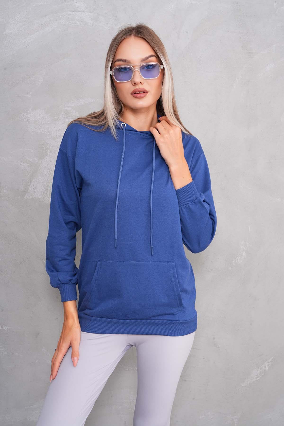 Kadın Kanguru Cepli Kapüşonlu İki İplik Sweatshirt 245099 -