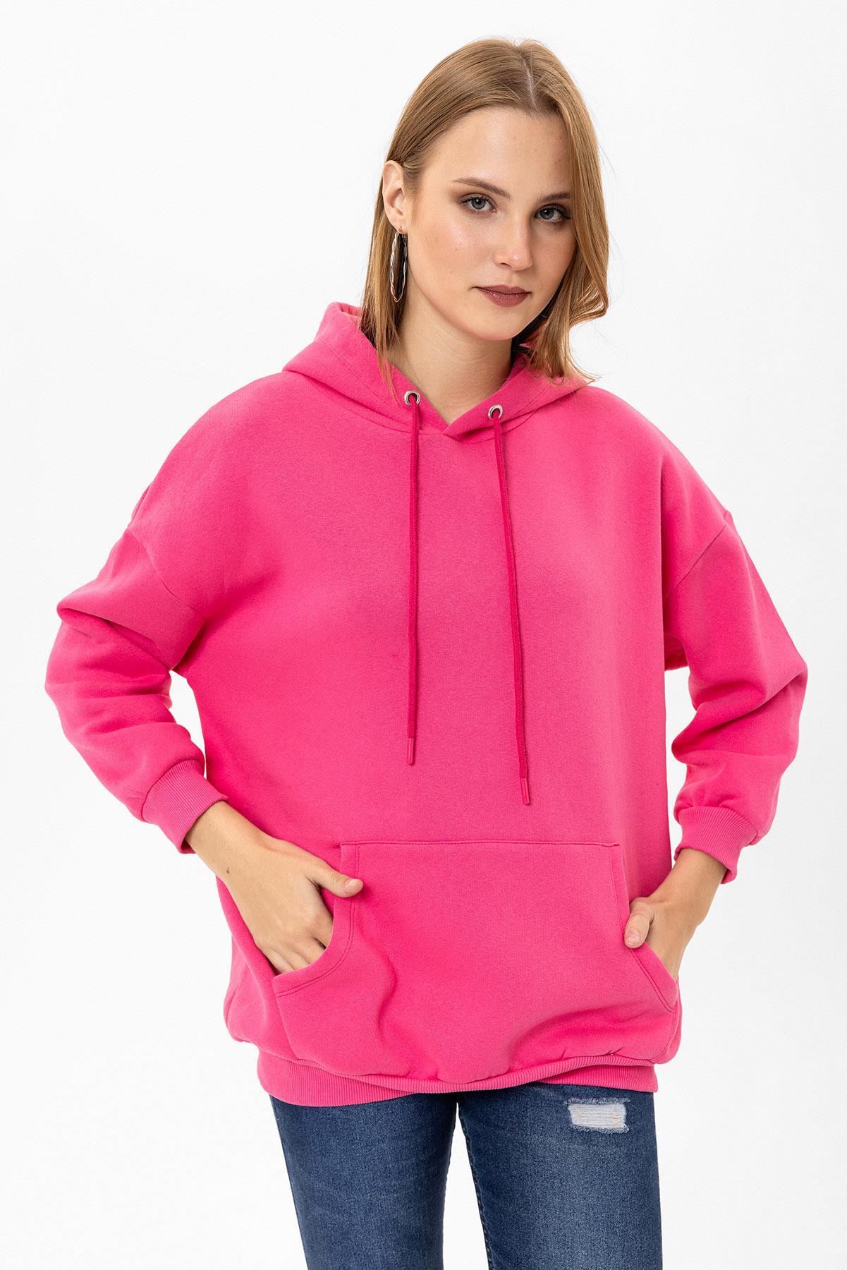 Kadın Kapüşonlu Kanguru Cep Detaylı Üç İplik Sweatshirt