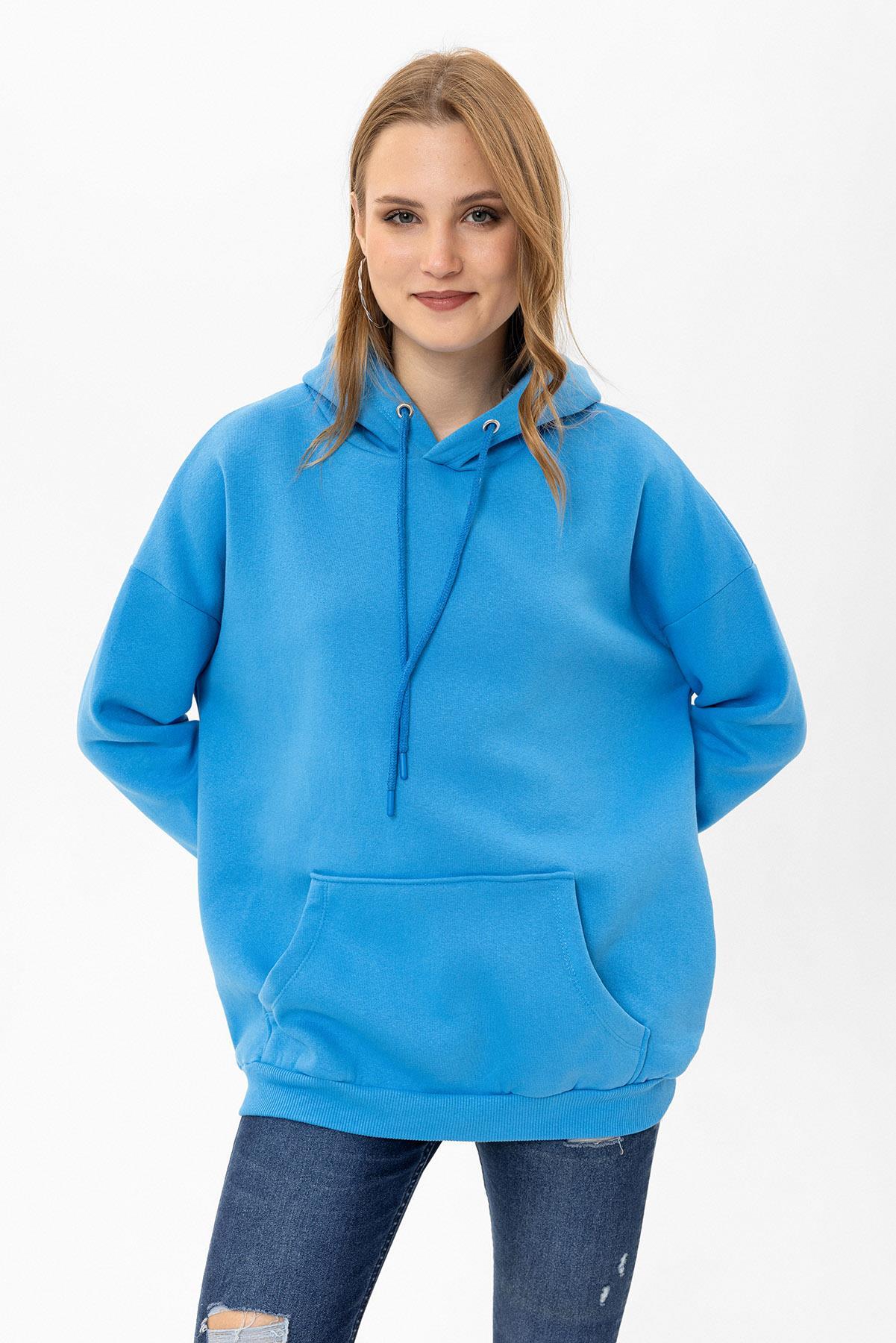 Kadın Kapüşonlu Kanguru Cep Detaylı Üç İplik Sweatshirt