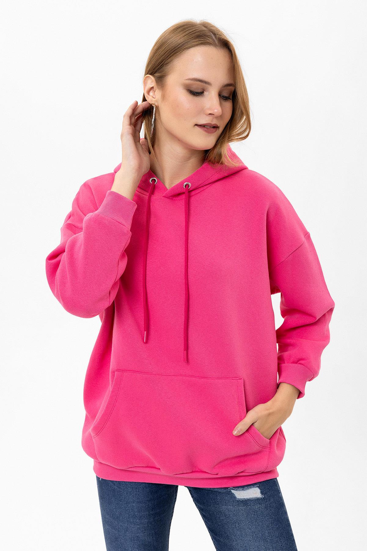 Kadın Kapüşonlu Kanguru Cep Detaylı Üç İplik Sweatshirt