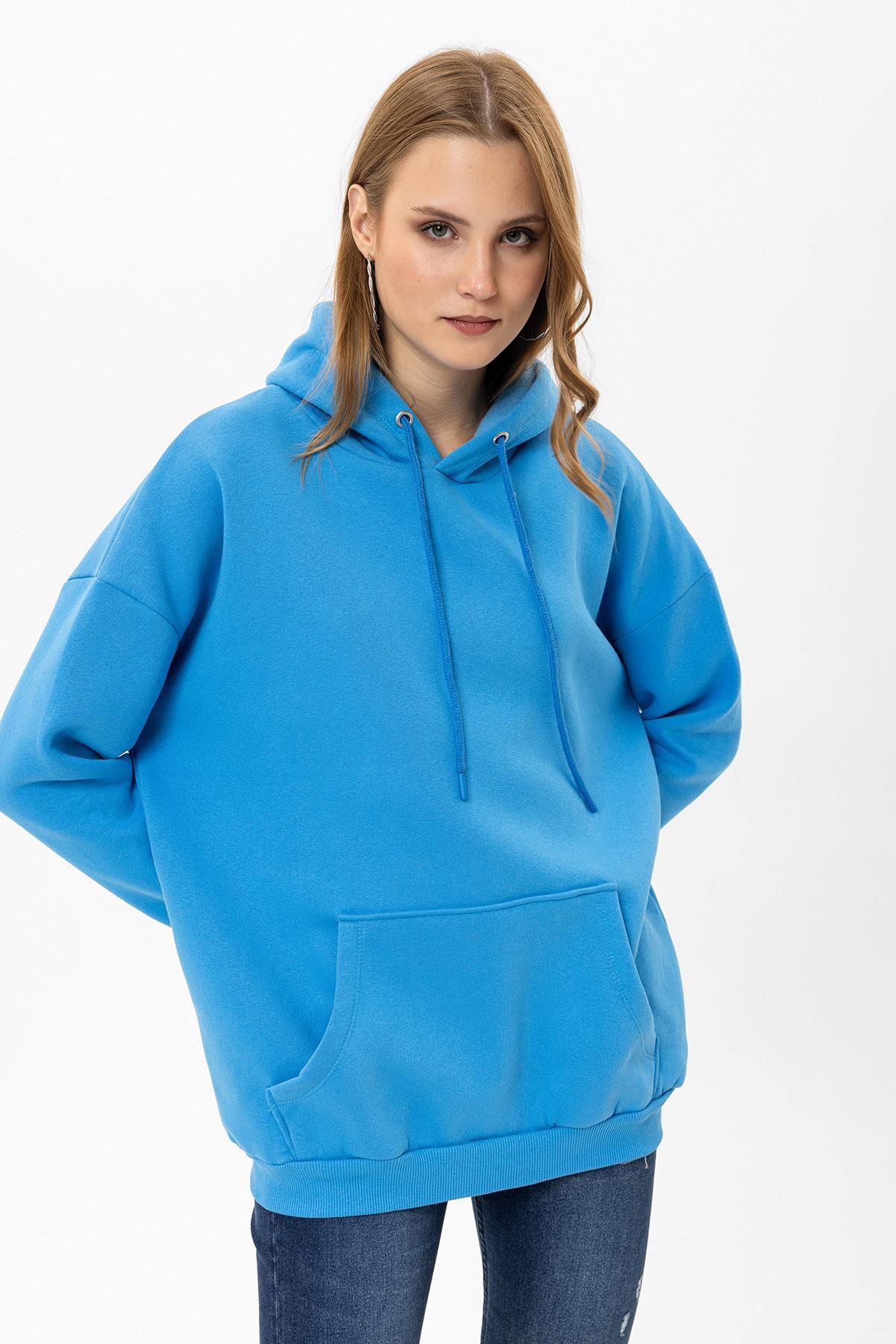 Kadın Kapüşonlu Kanguru Cep Detaylı Üç İplik Sweatshirt