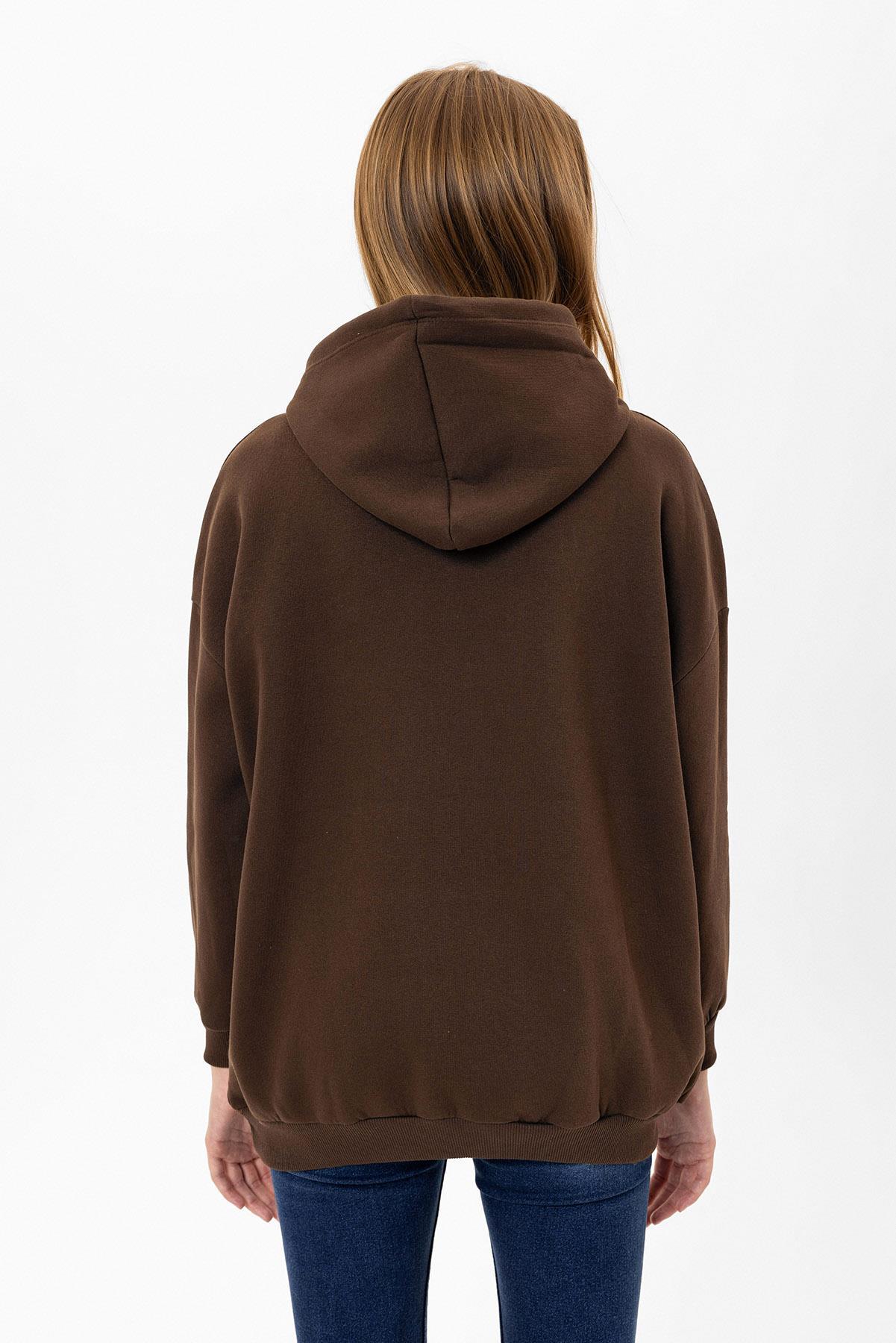 Kadın Kapüşonlu Kanguru Cep Detaylı Üç İplik Sweatshirt