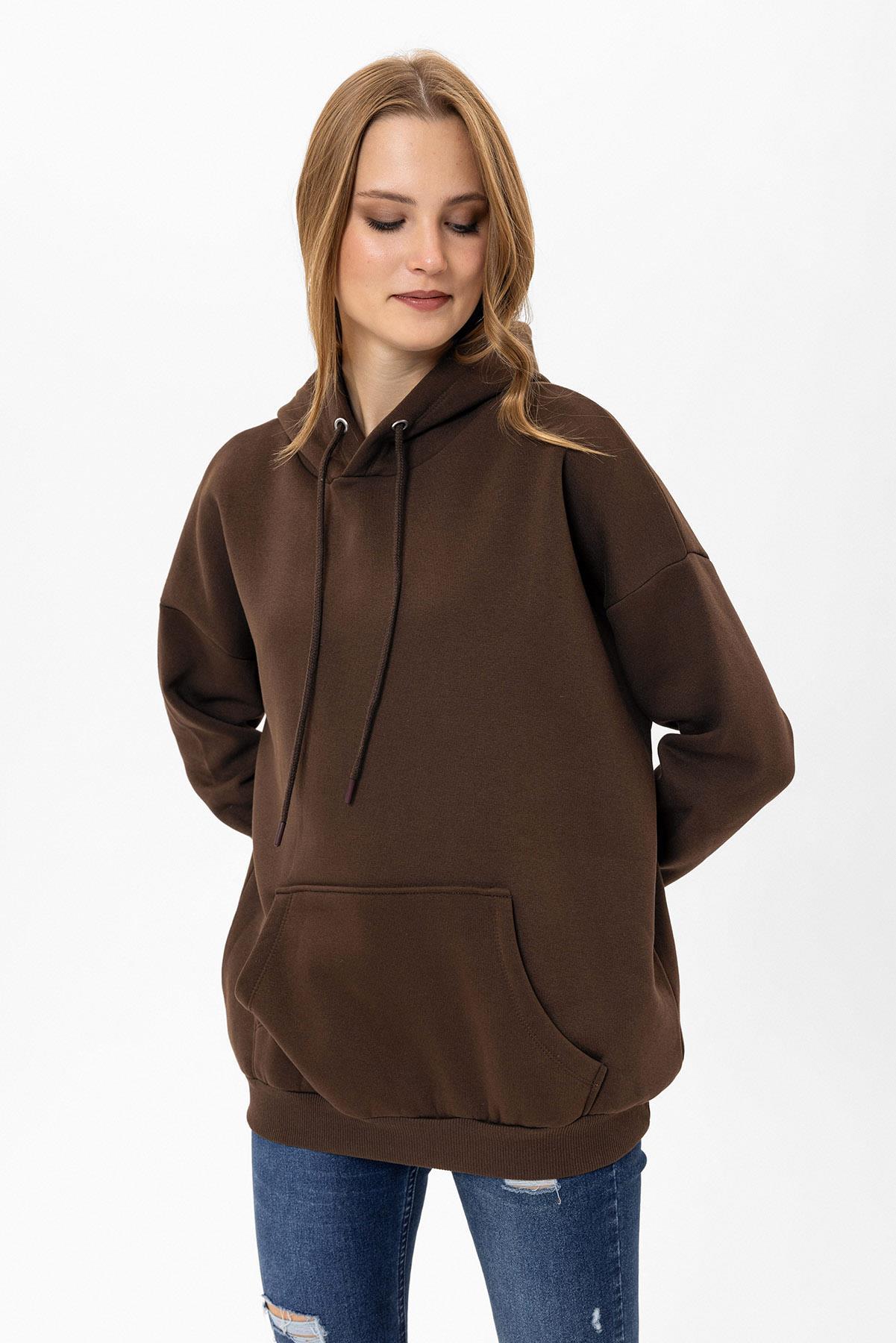 Kadın Kapüşonlu Kanguru Cep Detaylı Üç İplik Sweatshirt