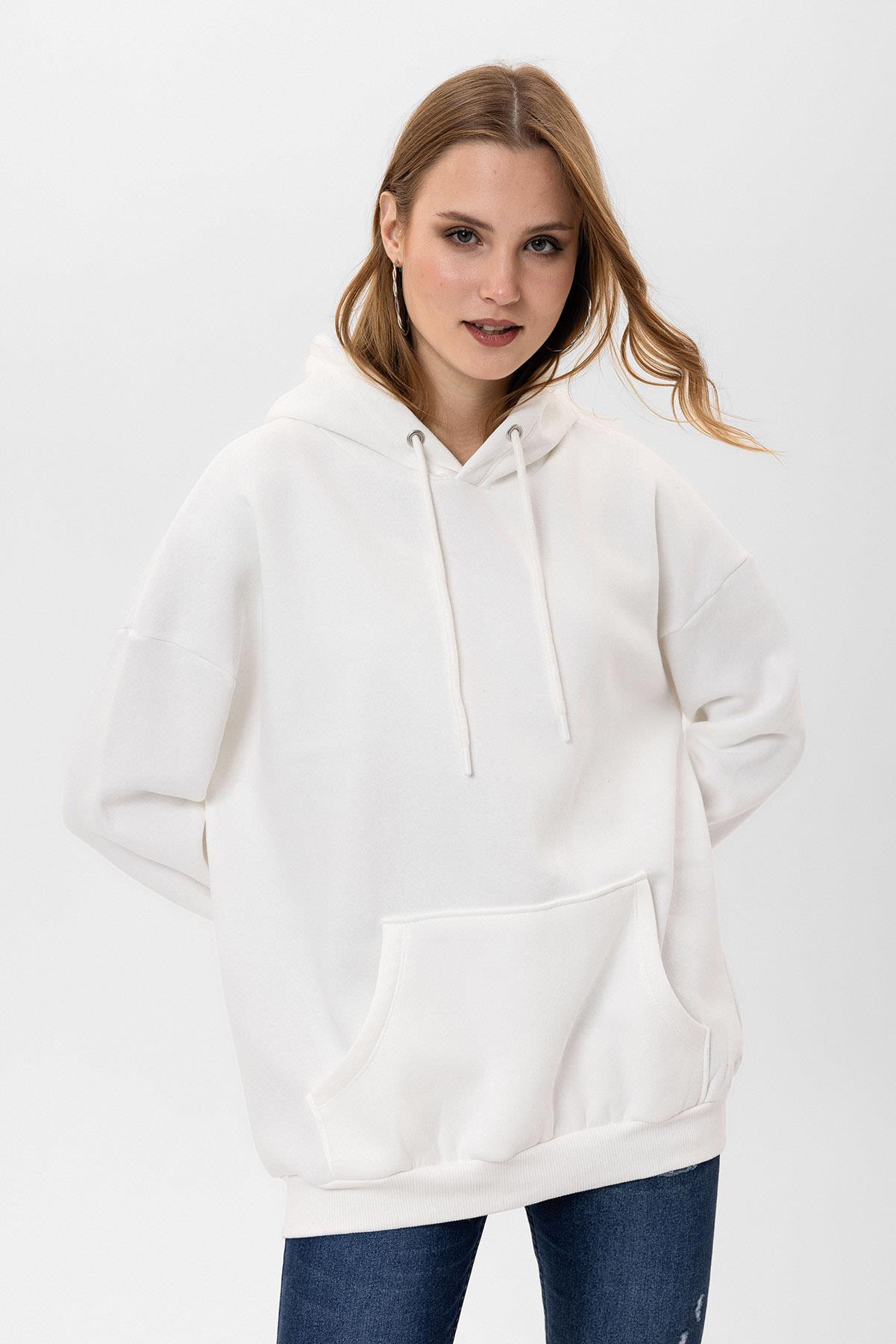 Kadın Kapüşonlu Kanguru Cep Detaylı Üç İplik Sweatshirt