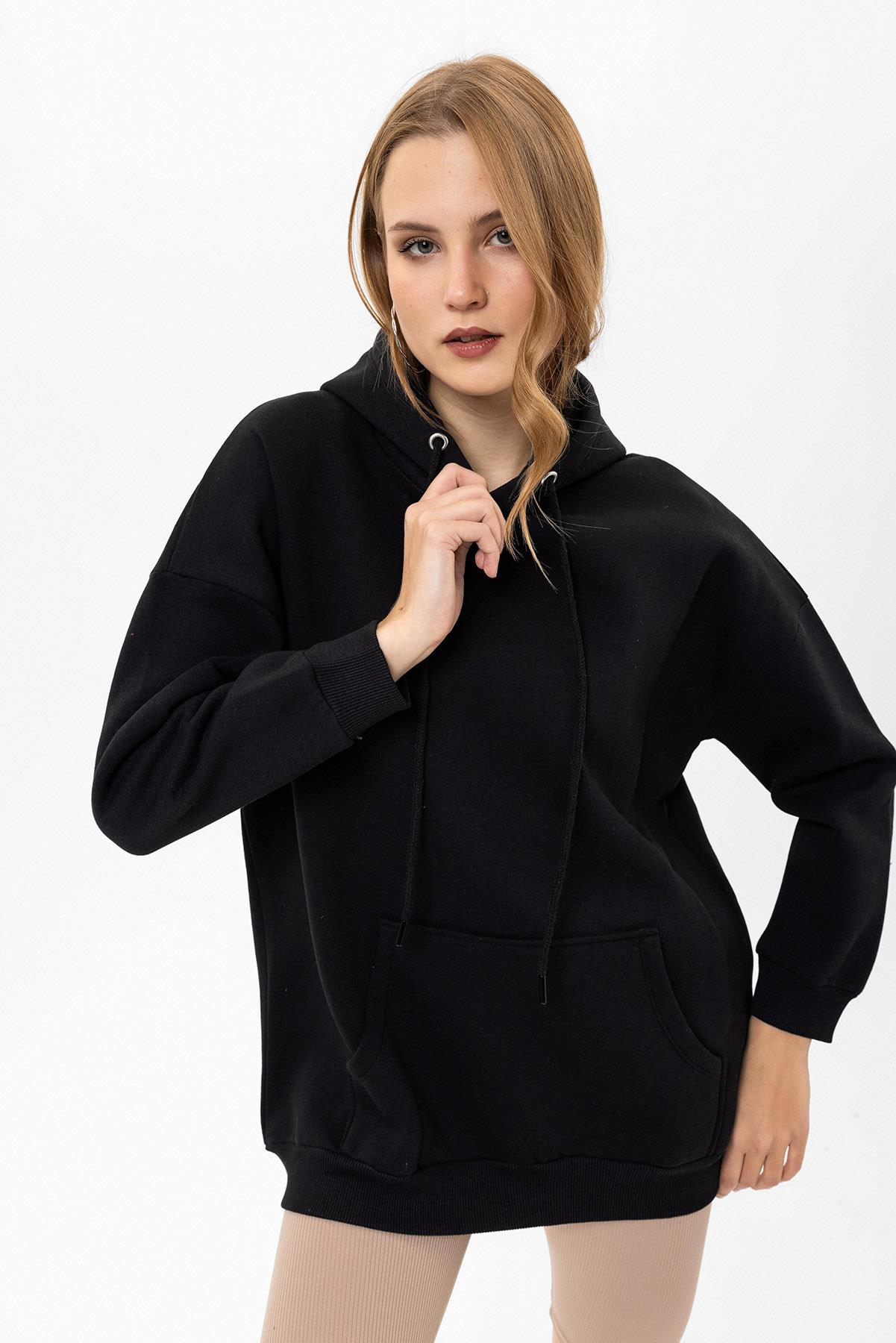 Kadın Kapüşonlu Kanguru Cep Detaylı Üç İplik Sweatshirt