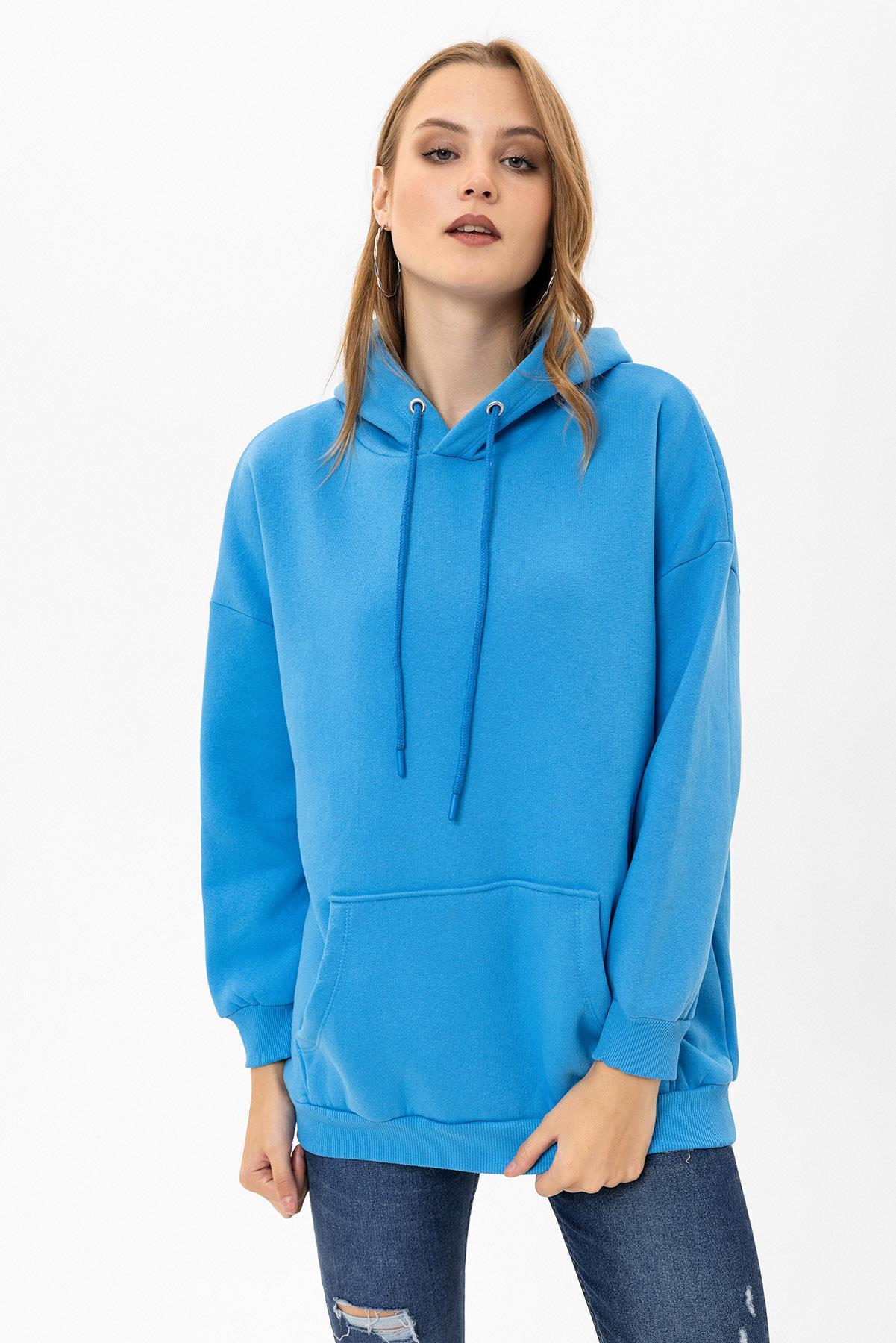 Kadın Kapüşonlu Kanguru Cep Detaylı Üç İplik Sweatshirt