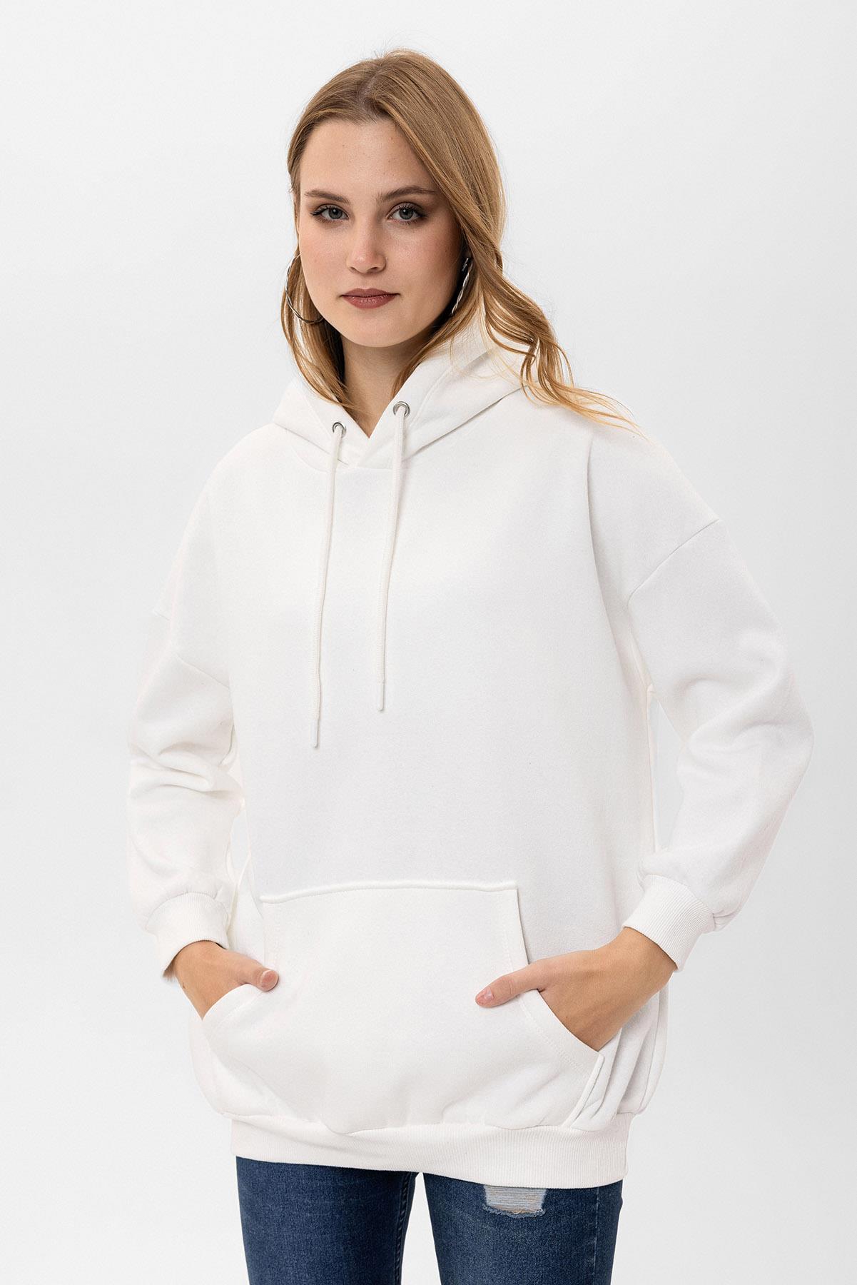 Kadın Kapüşonlu Kanguru Cep Detaylı Üç İplik Sweatshirt