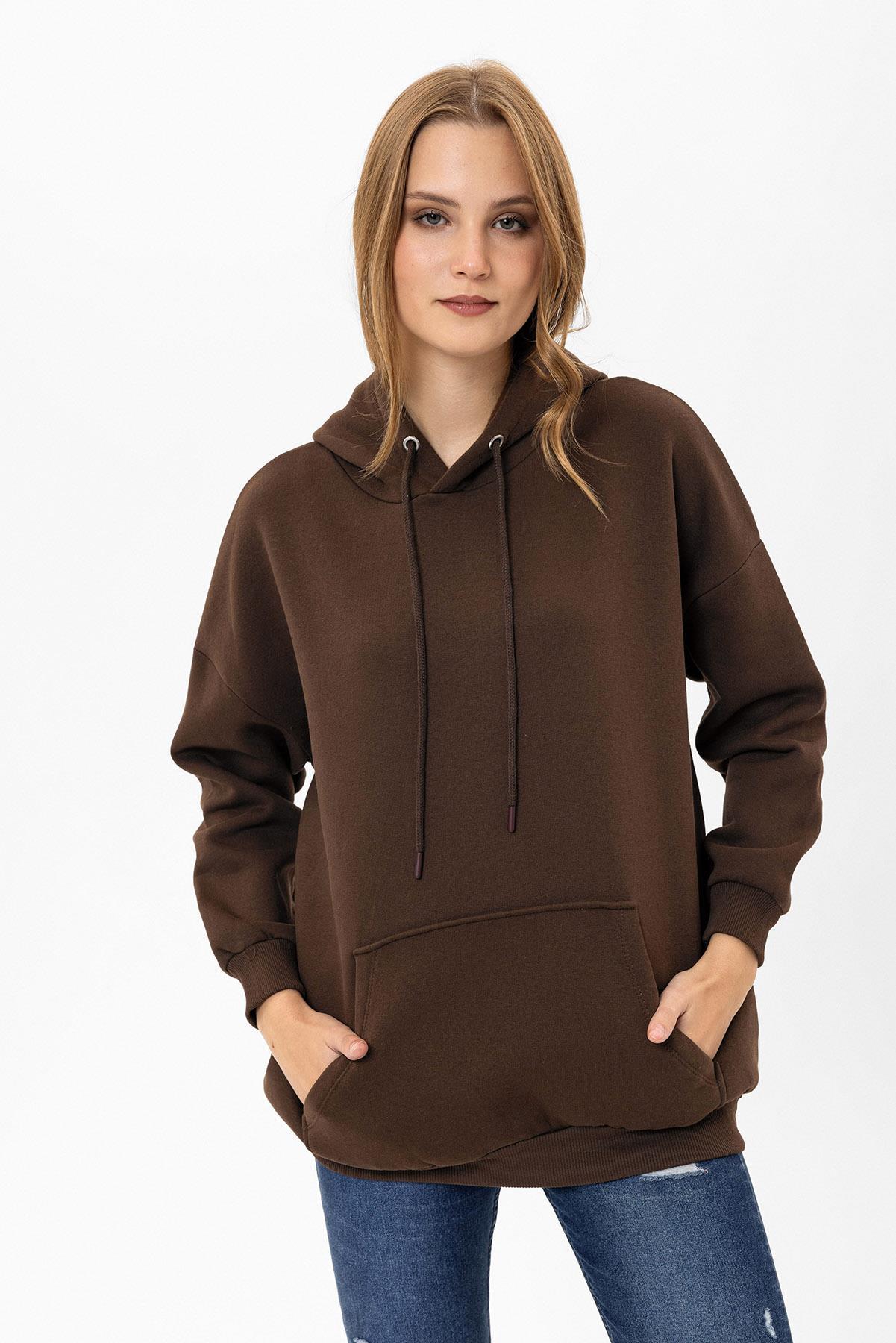 Kadın Kapüşonlu Kanguru Cep Detaylı Üç İplik Sweatshirt