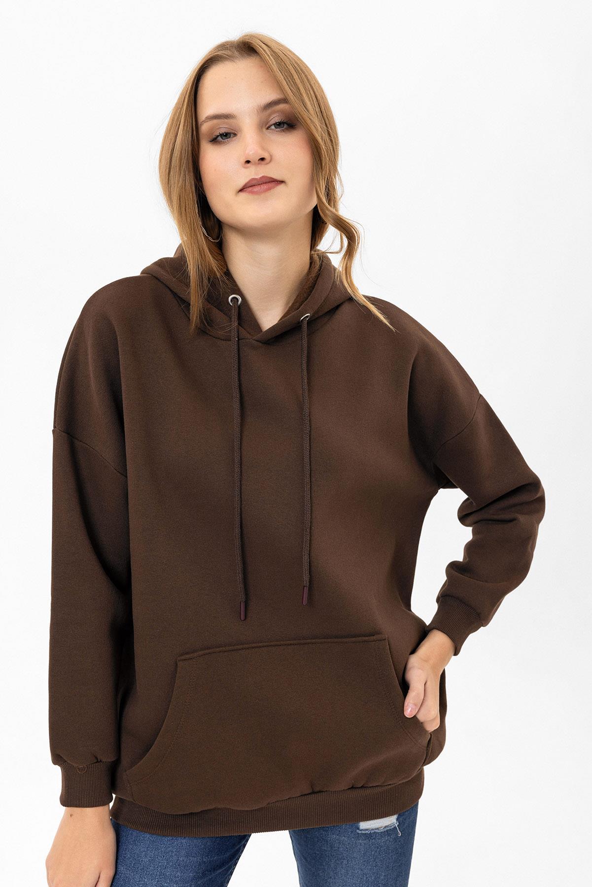 Kadın Kapüşonlu Kanguru Cep Detaylı Üç İplik Sweatshirt