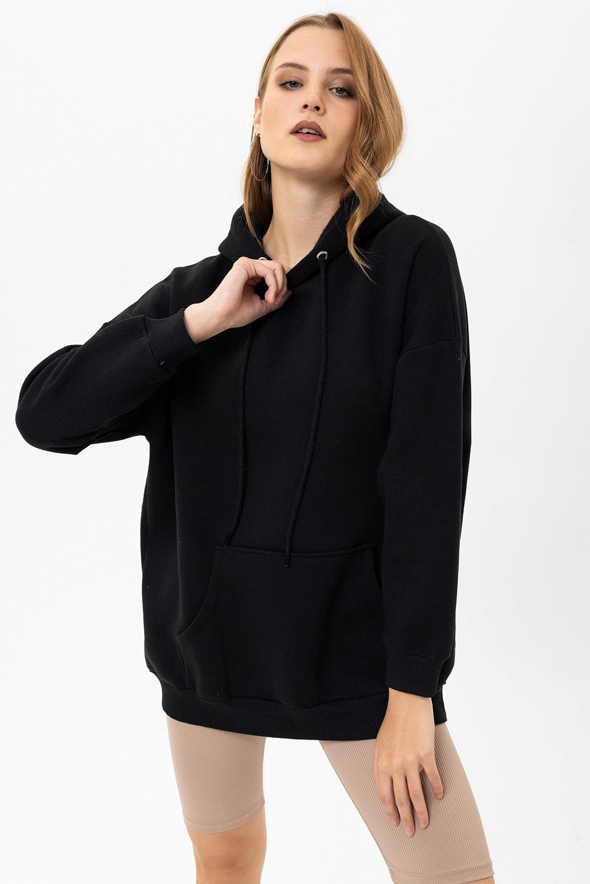 Kadın Kapüşonlu Kanguru Cep Detaylı Üç İplik Sweatshirt