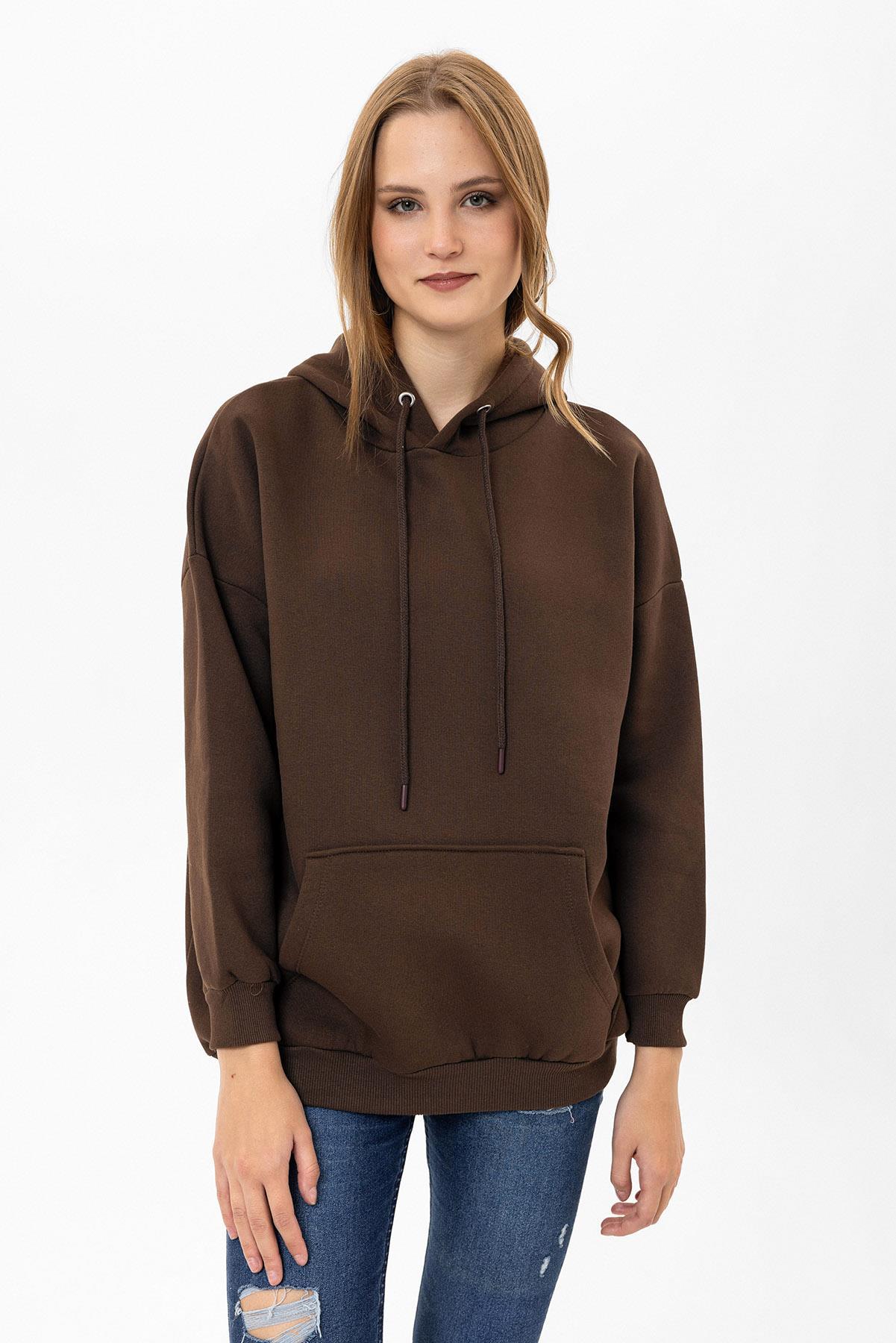 Kadın Kapüşonlu Kanguru Cep Detaylı Üç İplik Sweatshirt