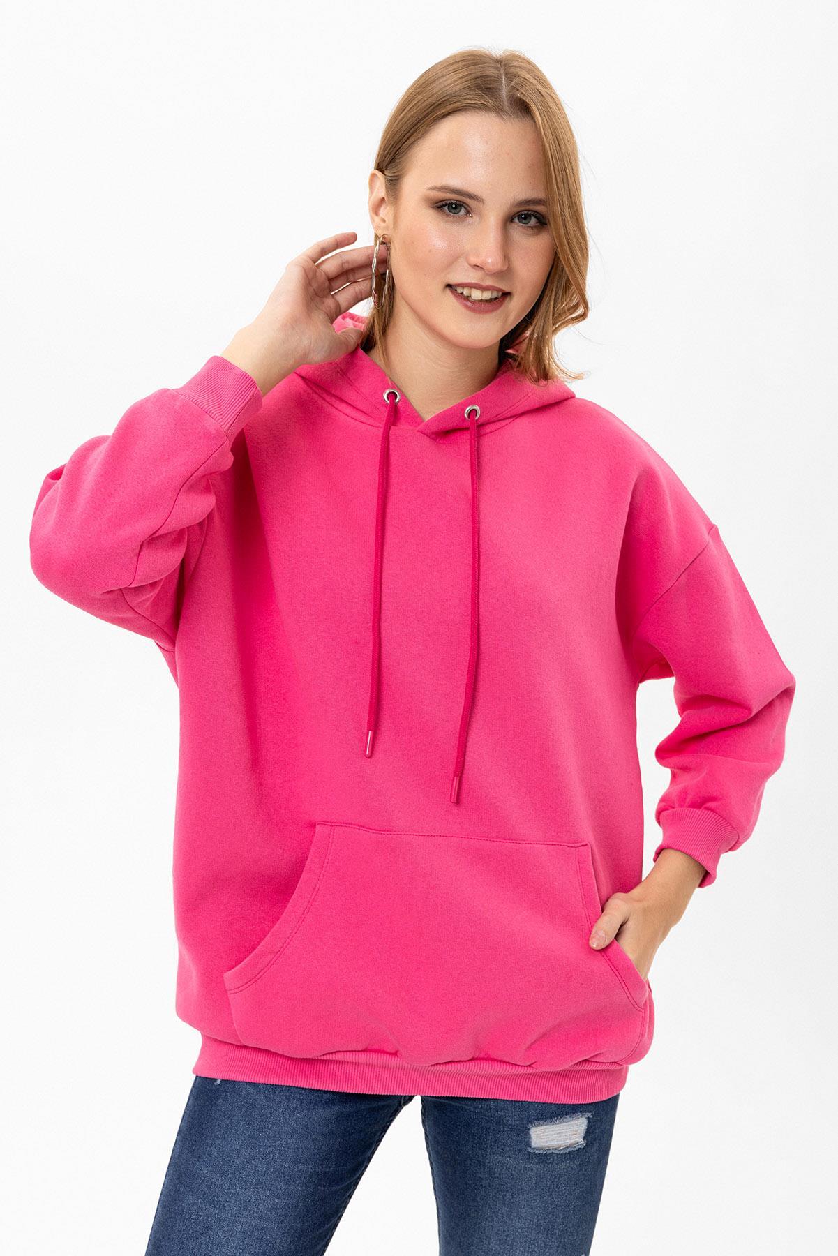 Kadın Kapüşonlu Kanguru Cep Detaylı Üç İplik Sweatshirt