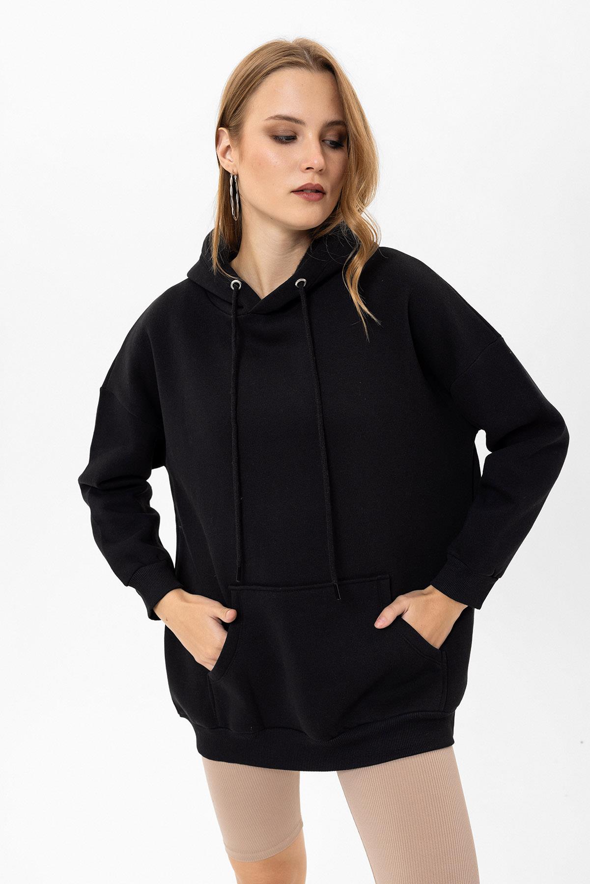 Kadın Kapüşonlu Kanguru Cep Detaylı Üç İplik Sweatshirt