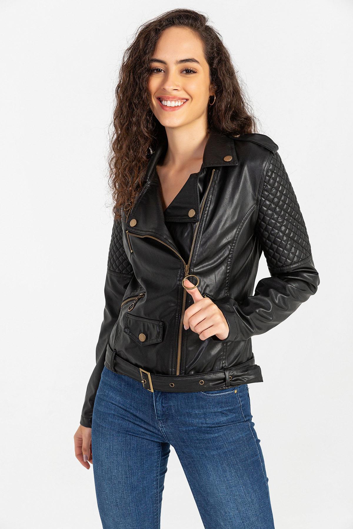 Kadın Kemerli Suni Deri Biker Ceket