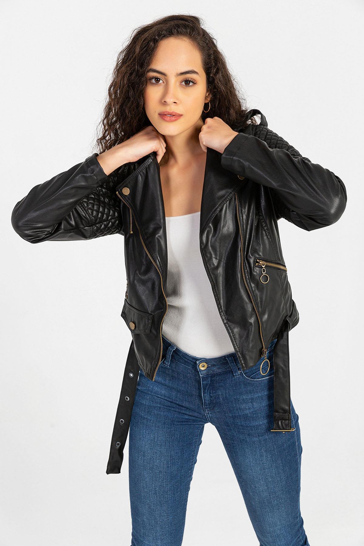 Kadın Kemerli Suni Deri Biker Ceket