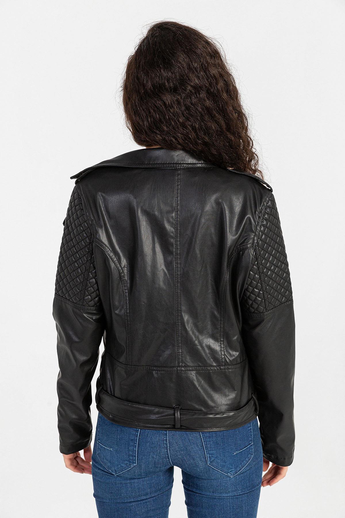 Kadın Kemerli Suni Deri Biker Ceket