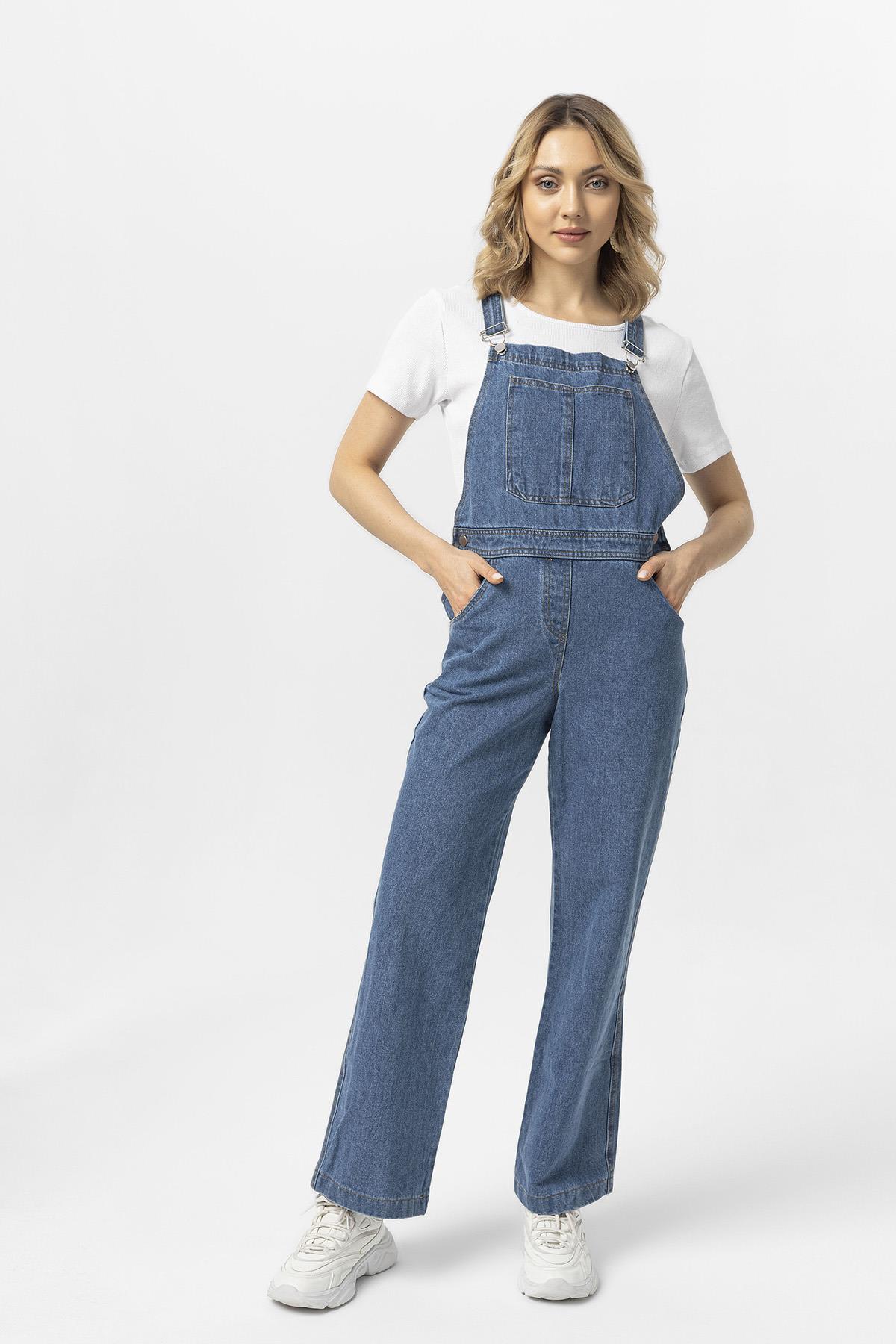 Kadın Kot Tulum Salopet Denim Uzun Tulum