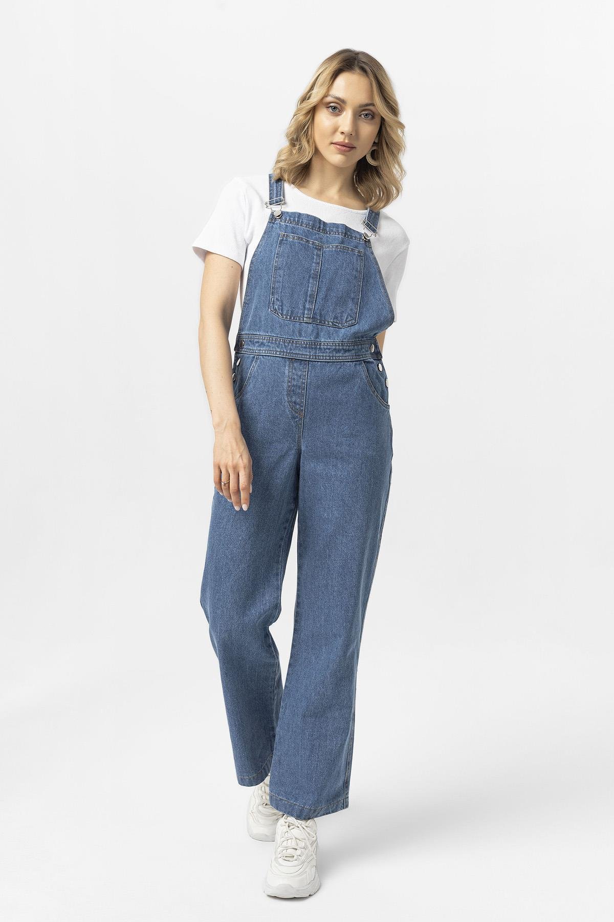 Kadın Kot Tulum Salopet Denim Uzun Tulum