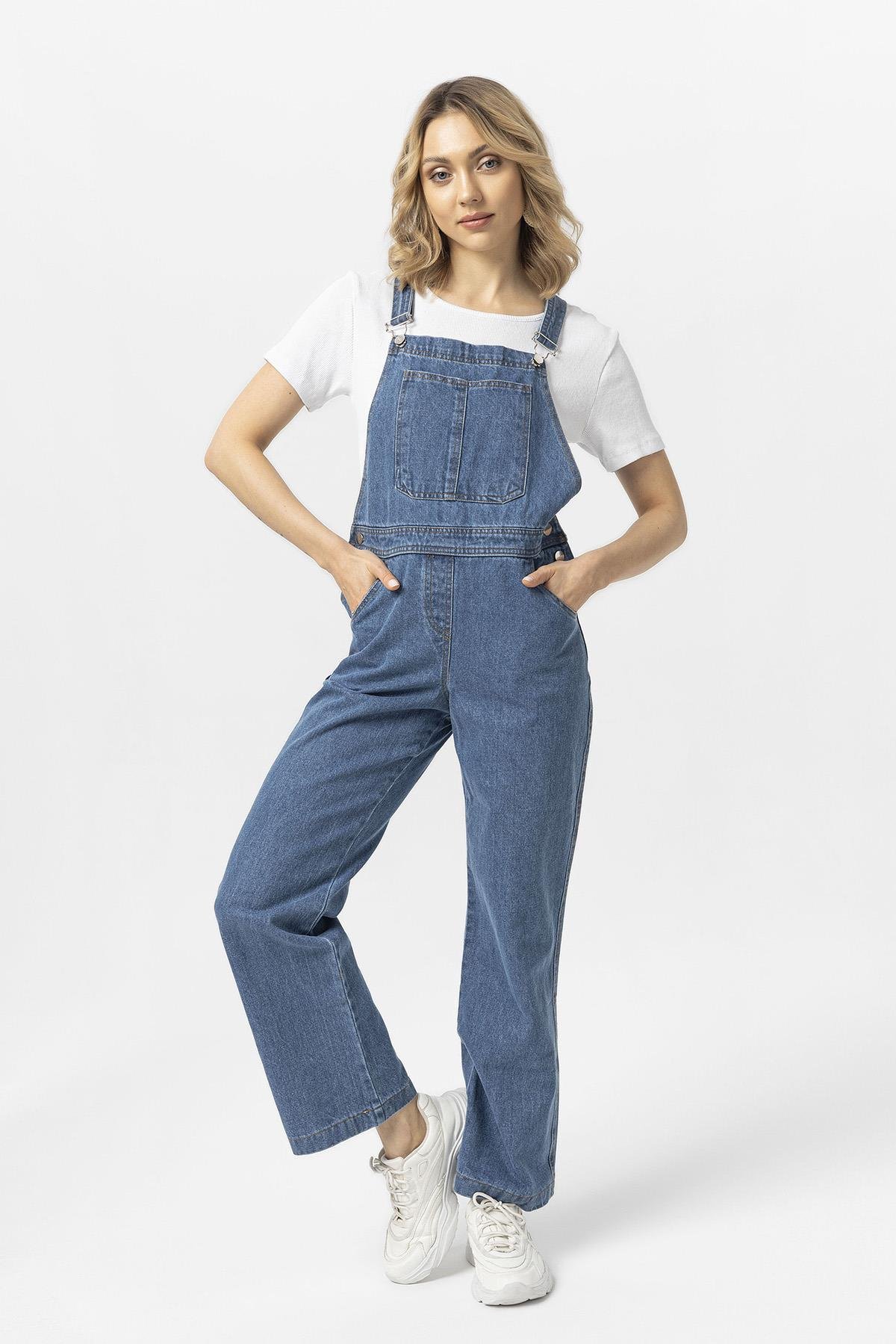Kadın Kot Tulum Salopet Denim Uzun Tulum