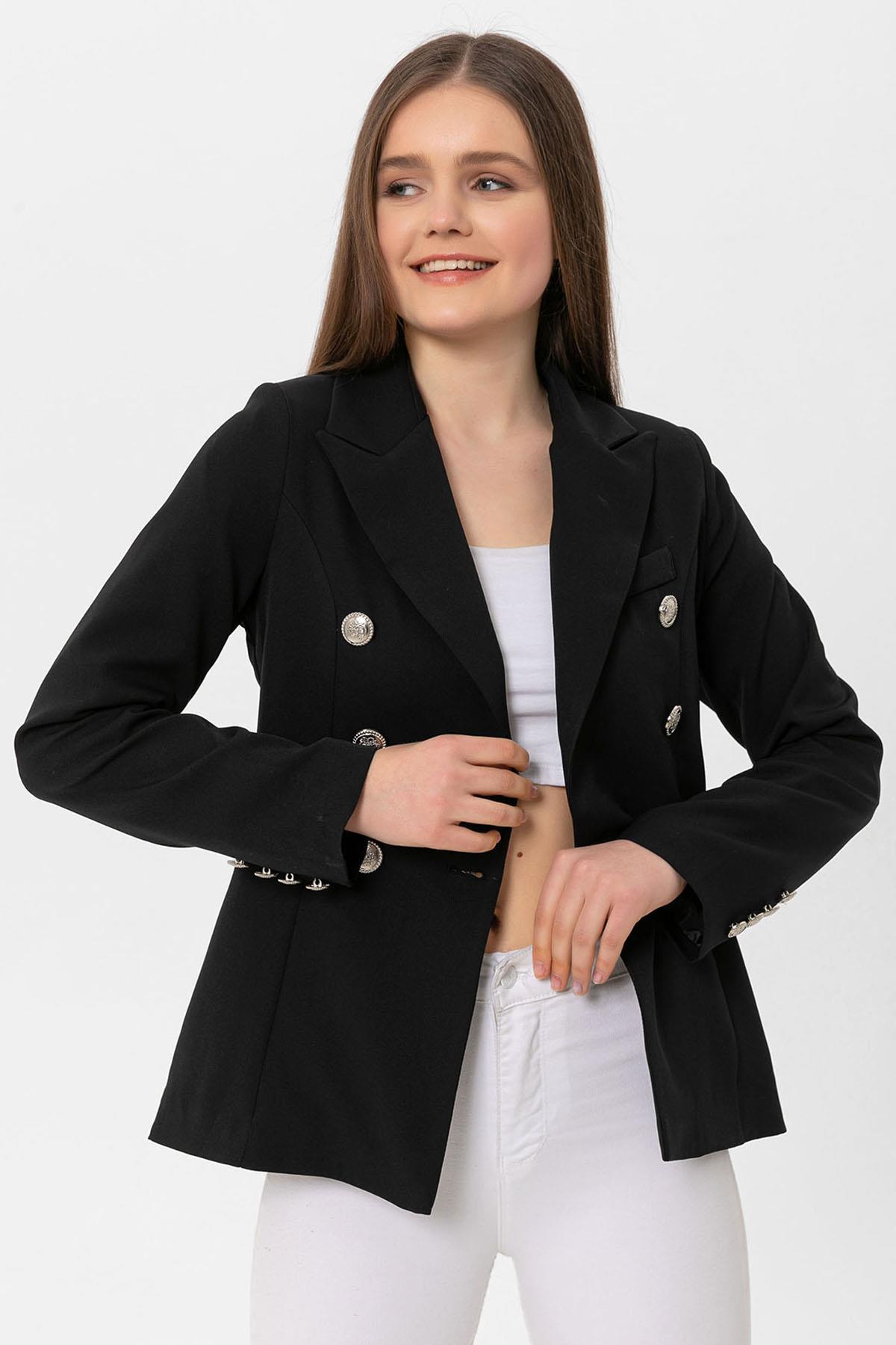 Kadın Kruvaze Yaka Düğme Detaylı Blazer Ceket