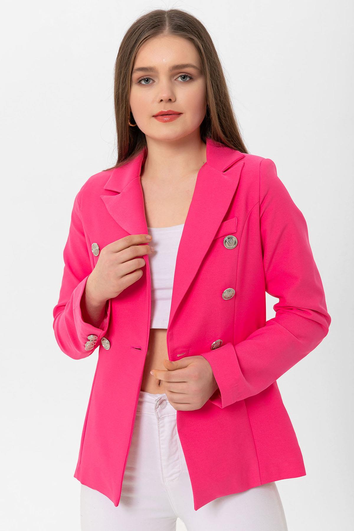 Kadın Kruvaze Yaka Düğme Detaylı Blazer Ceket