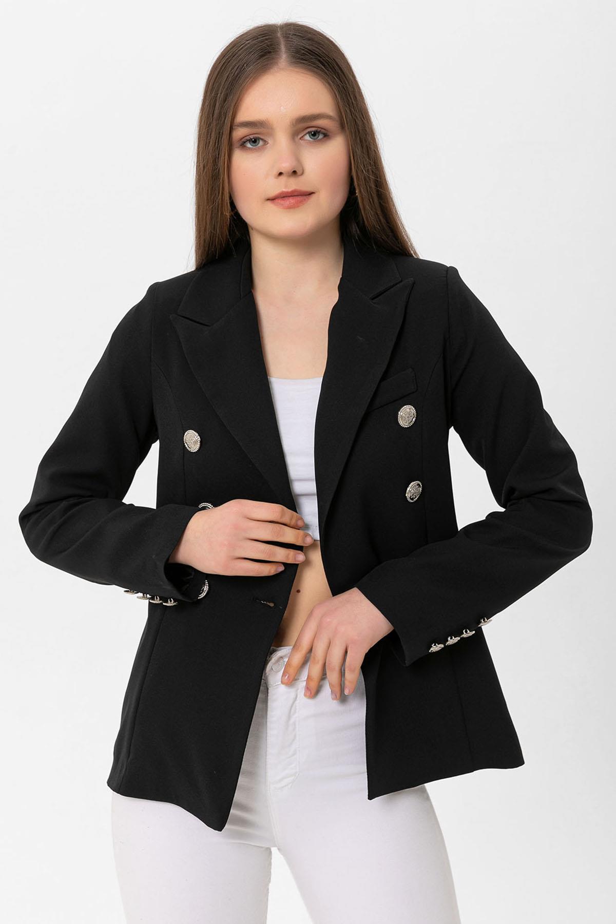 Kadın Kruvaze Yaka Düğme Detaylı Blazer Ceket