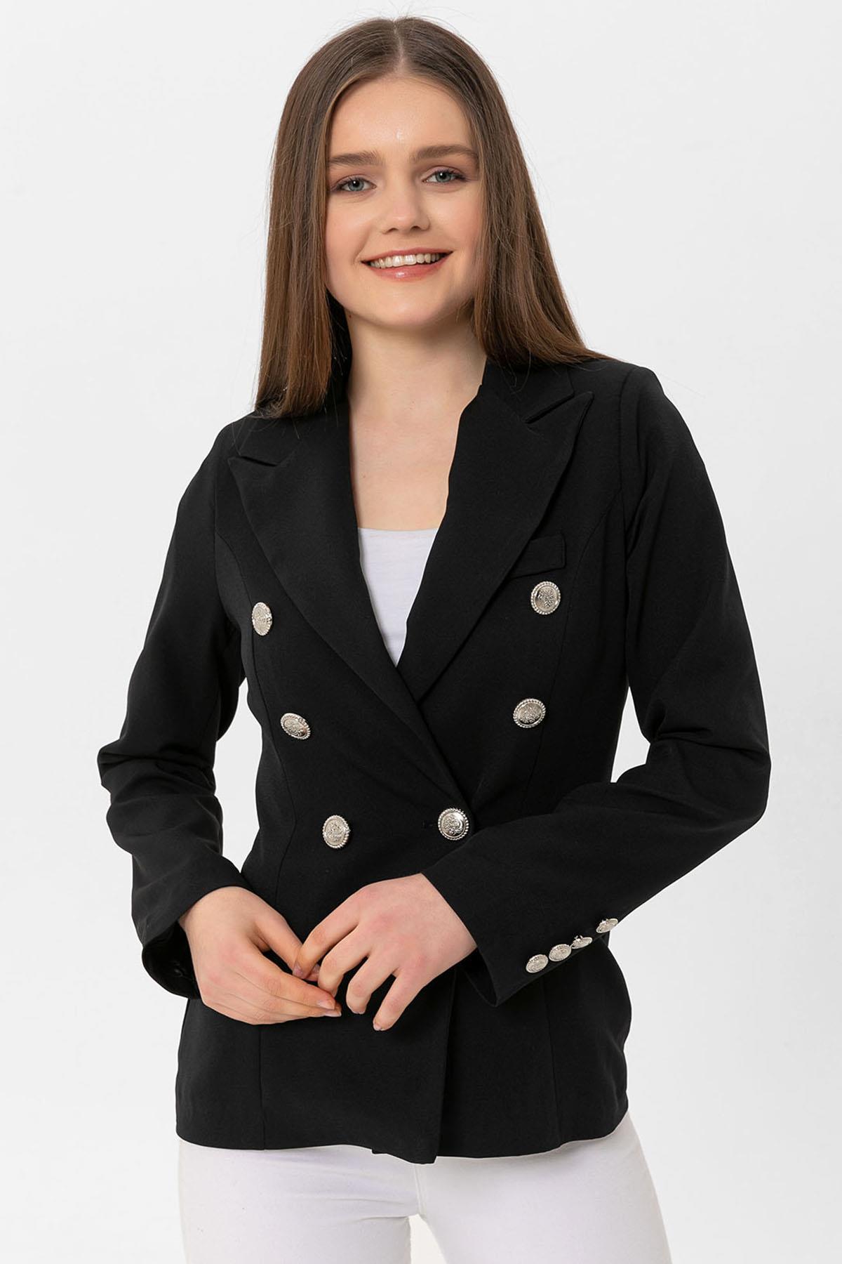 Kadın Kruvaze Yaka Düğme Detaylı Blazer Ceket