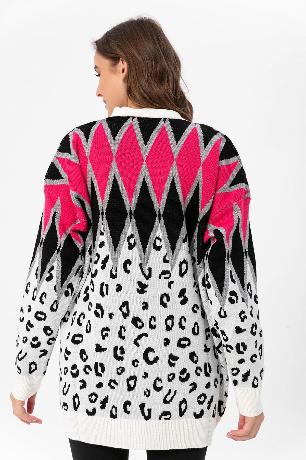 Kadın Leopar Detaylı Oversize Triko Hırka 235022 -