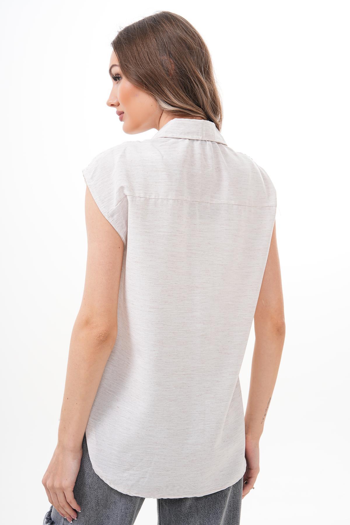 Kadın Omuzları Dantel Detaylı Kolsuz Keten Gömlek 250298 -