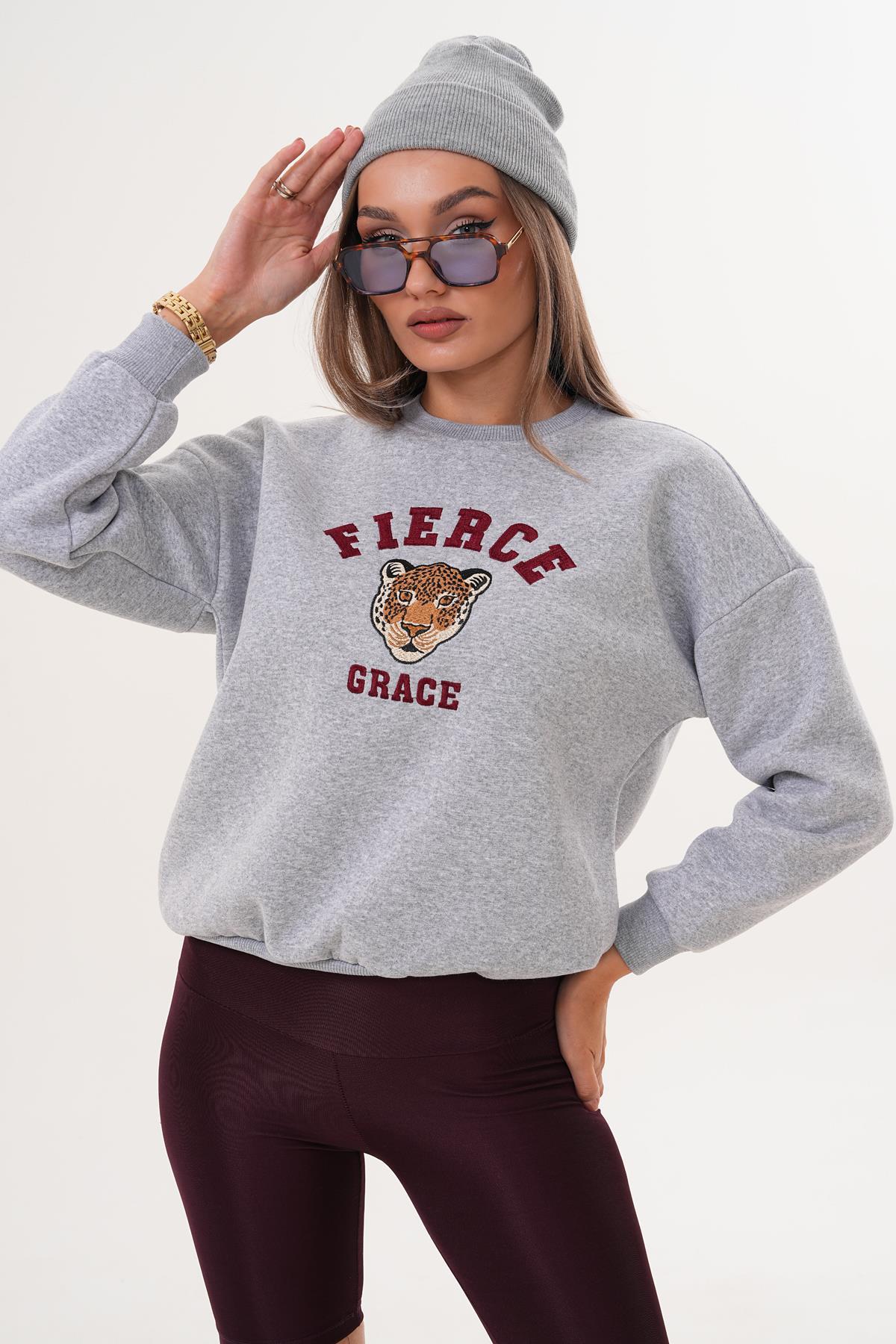 Kadın Önü Nakışlı Üç İplik Sweatshirt 255375 -