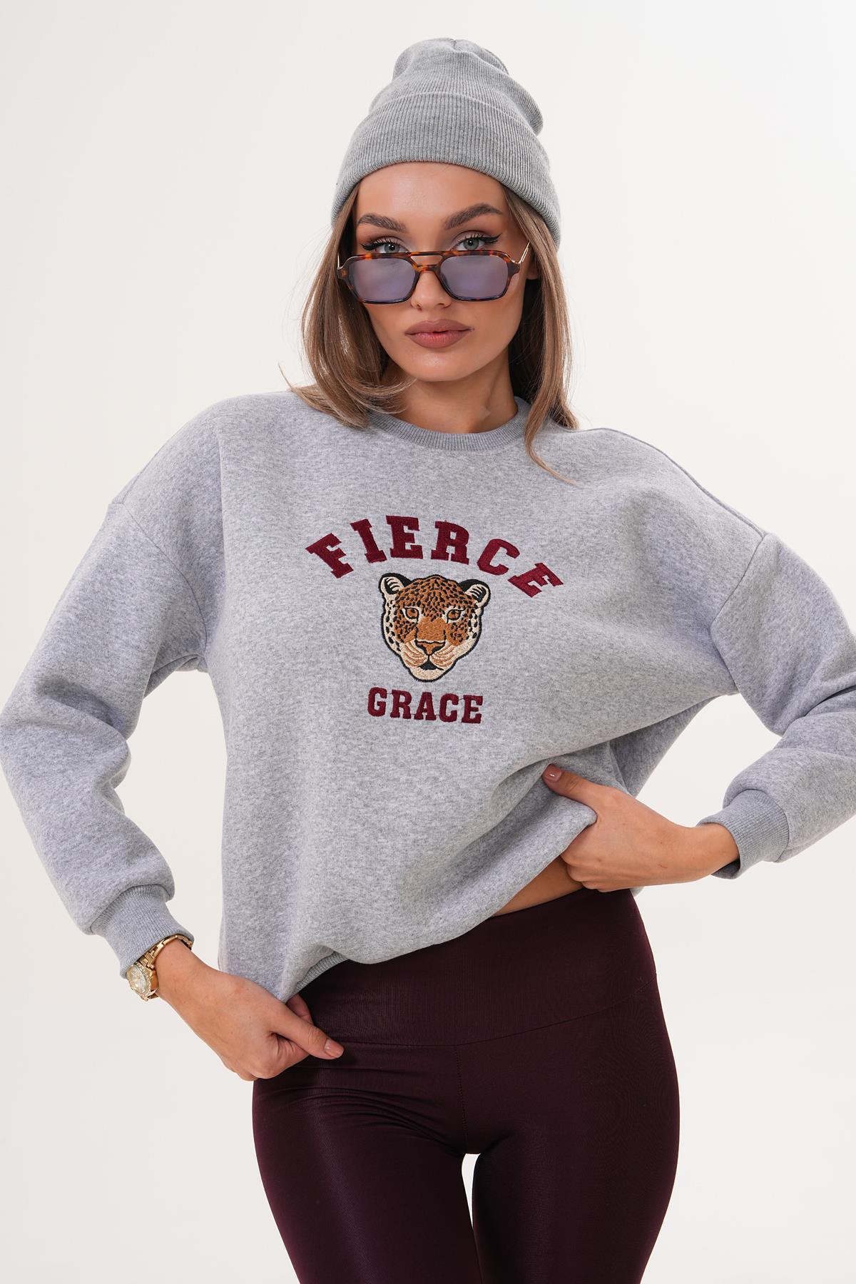 Kadın Önü Nakışlı Üç İplik Sweatshirt 255375 -