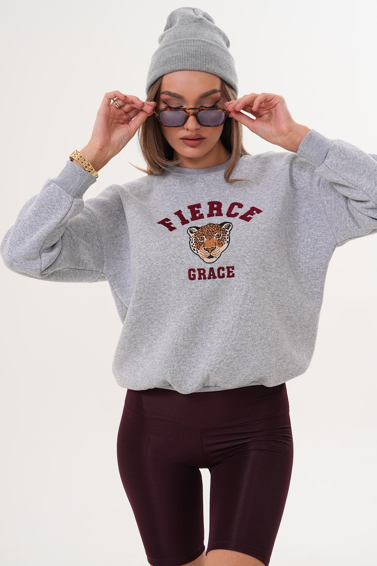 Kadın Önü Nakışlı Üç İplik Sweatshirt 255375 -