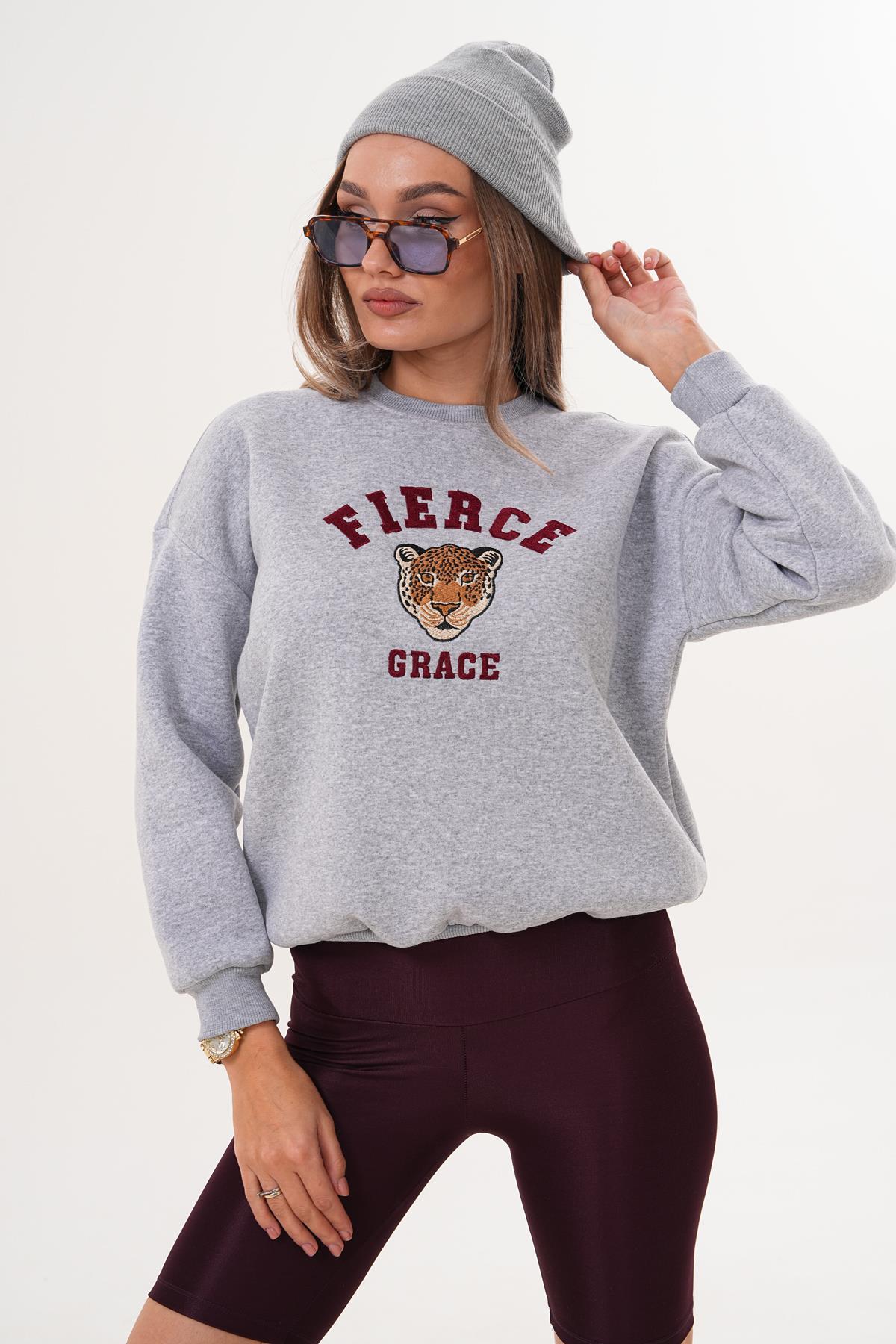 Kadın Önü Nakışlı Üç İplik Sweatshirt 255375 -