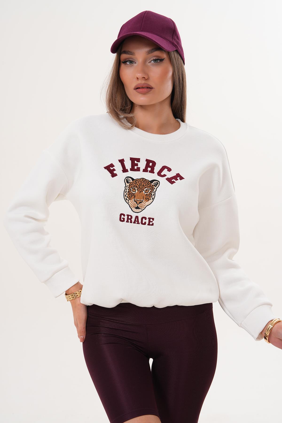 Kadın Önü Nakışlı Üç İplik Sweatshirt 255375 -