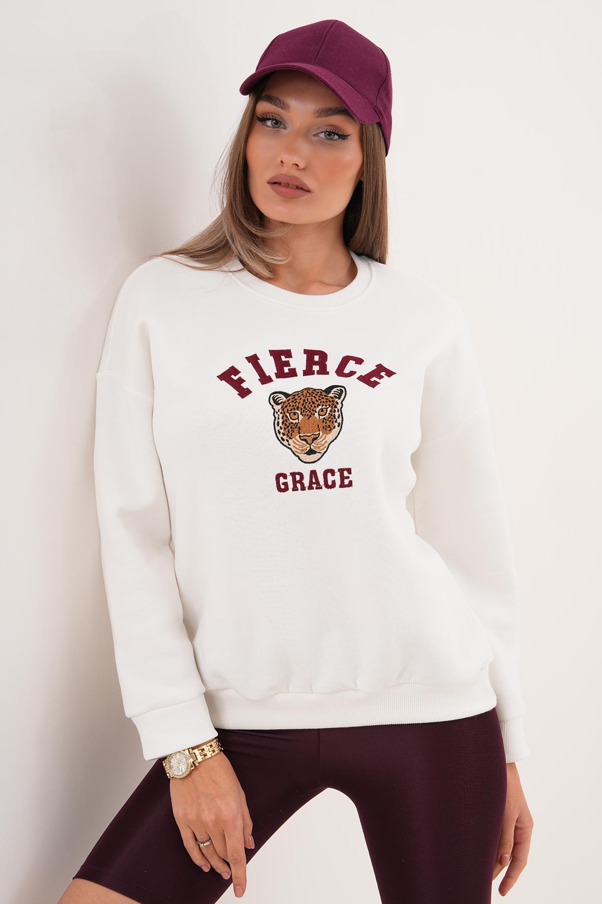 Kadın Önü Nakışlı Üç İplik Sweatshirt 255375 -