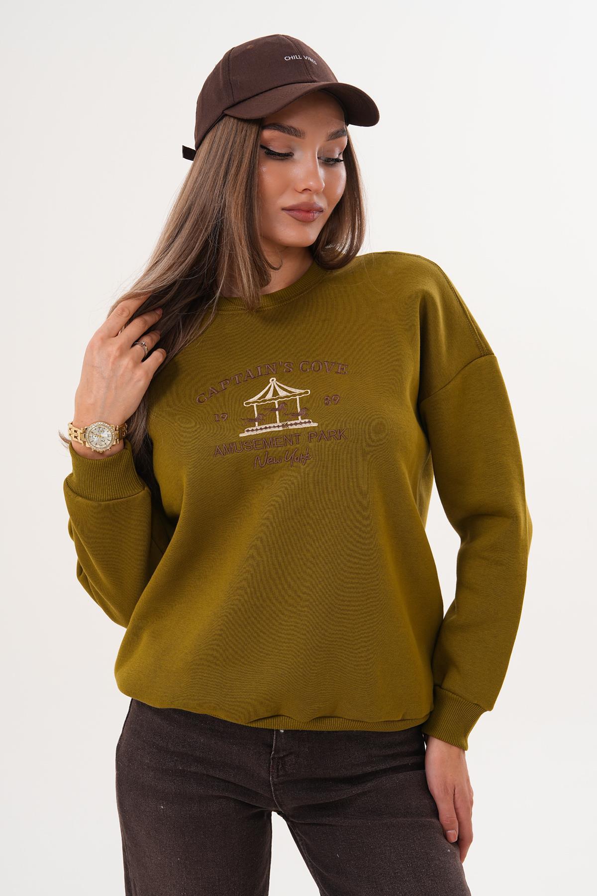 Kadın Önü Yazı Nakışlı Üç İplik Sweatshirt 255366 -