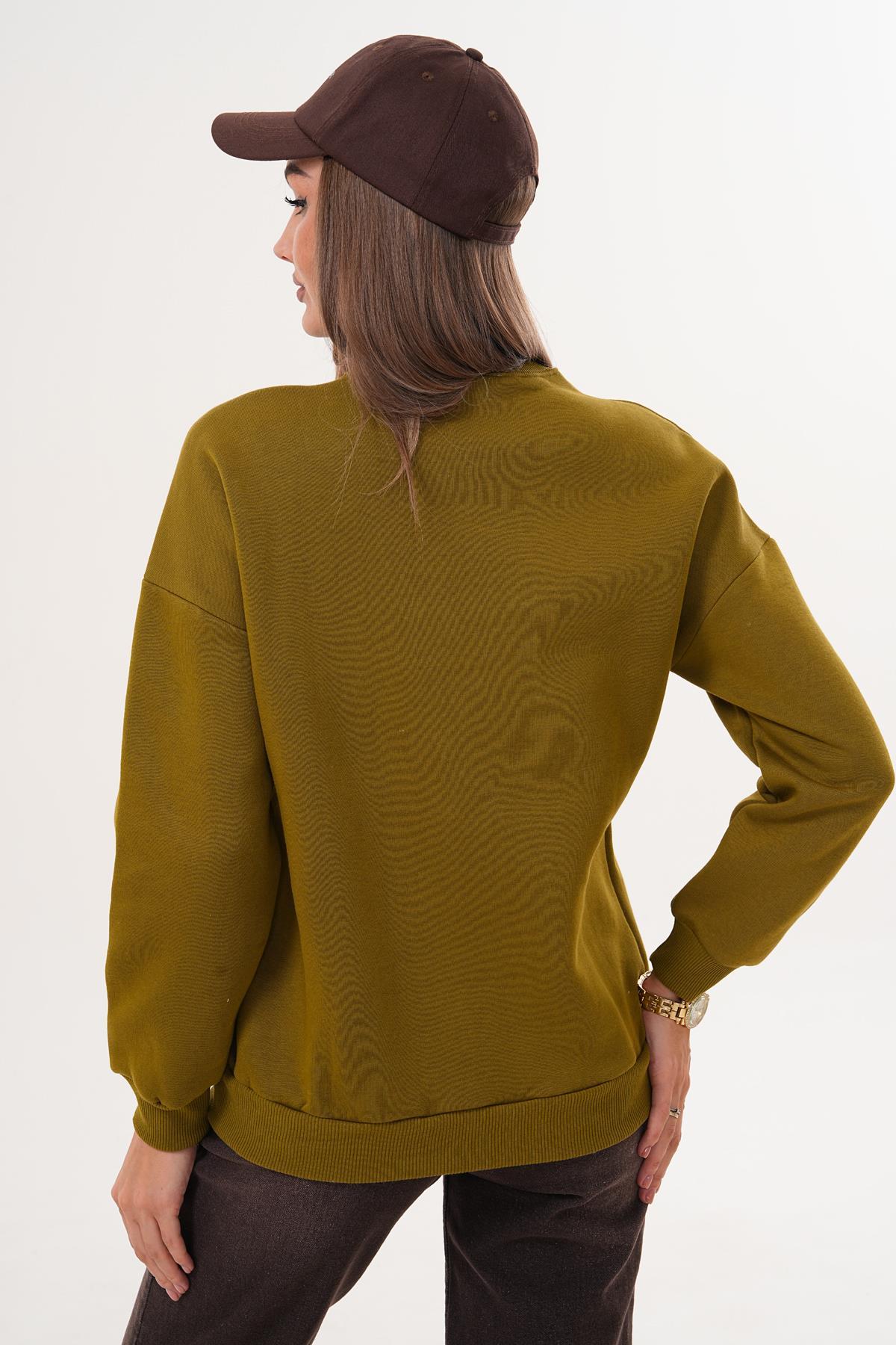 Kadın Önü Yazı Nakışlı Üç İplik Sweatshirt 255366 -